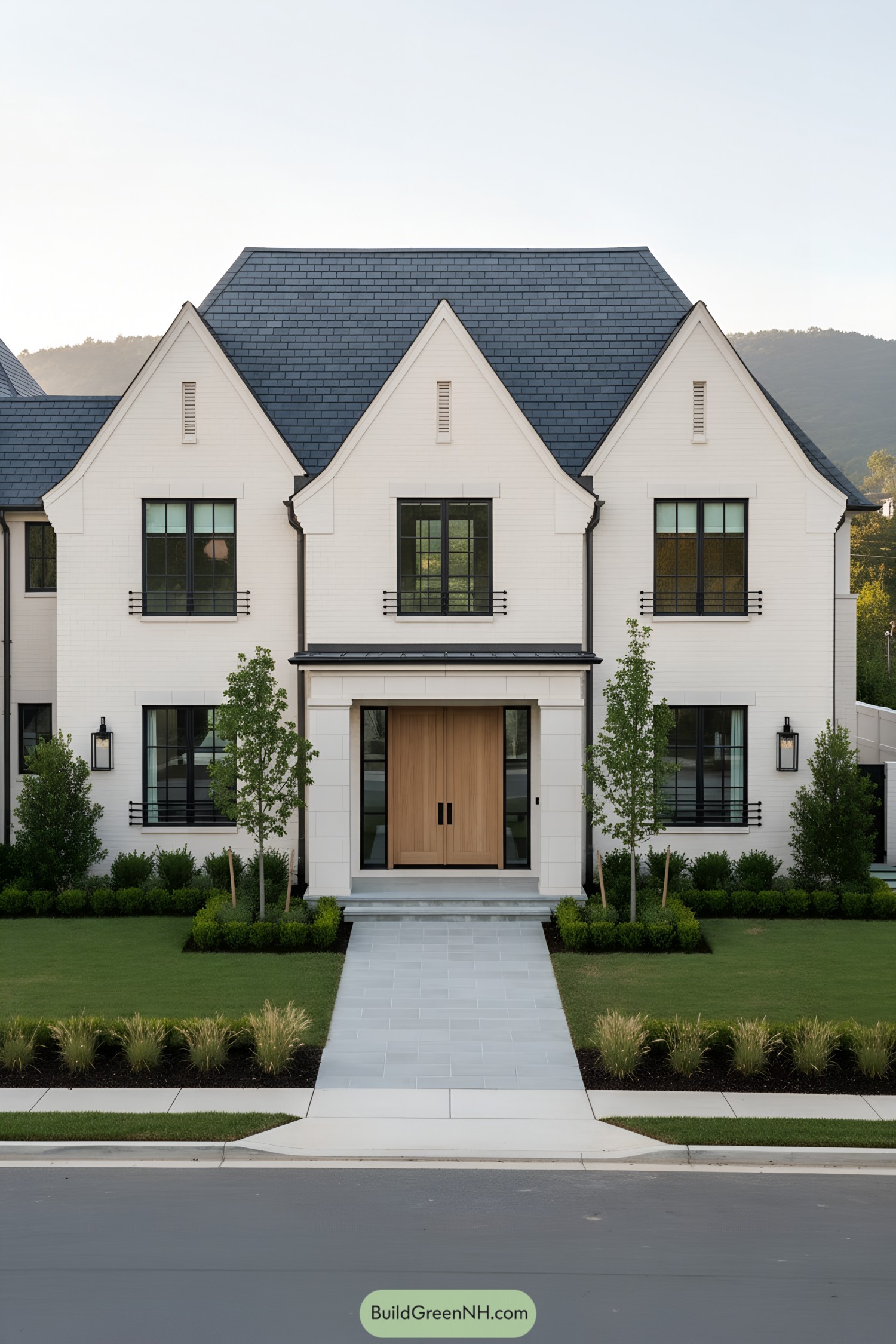 Modern Tudor mansion with slate roof and light brick facade