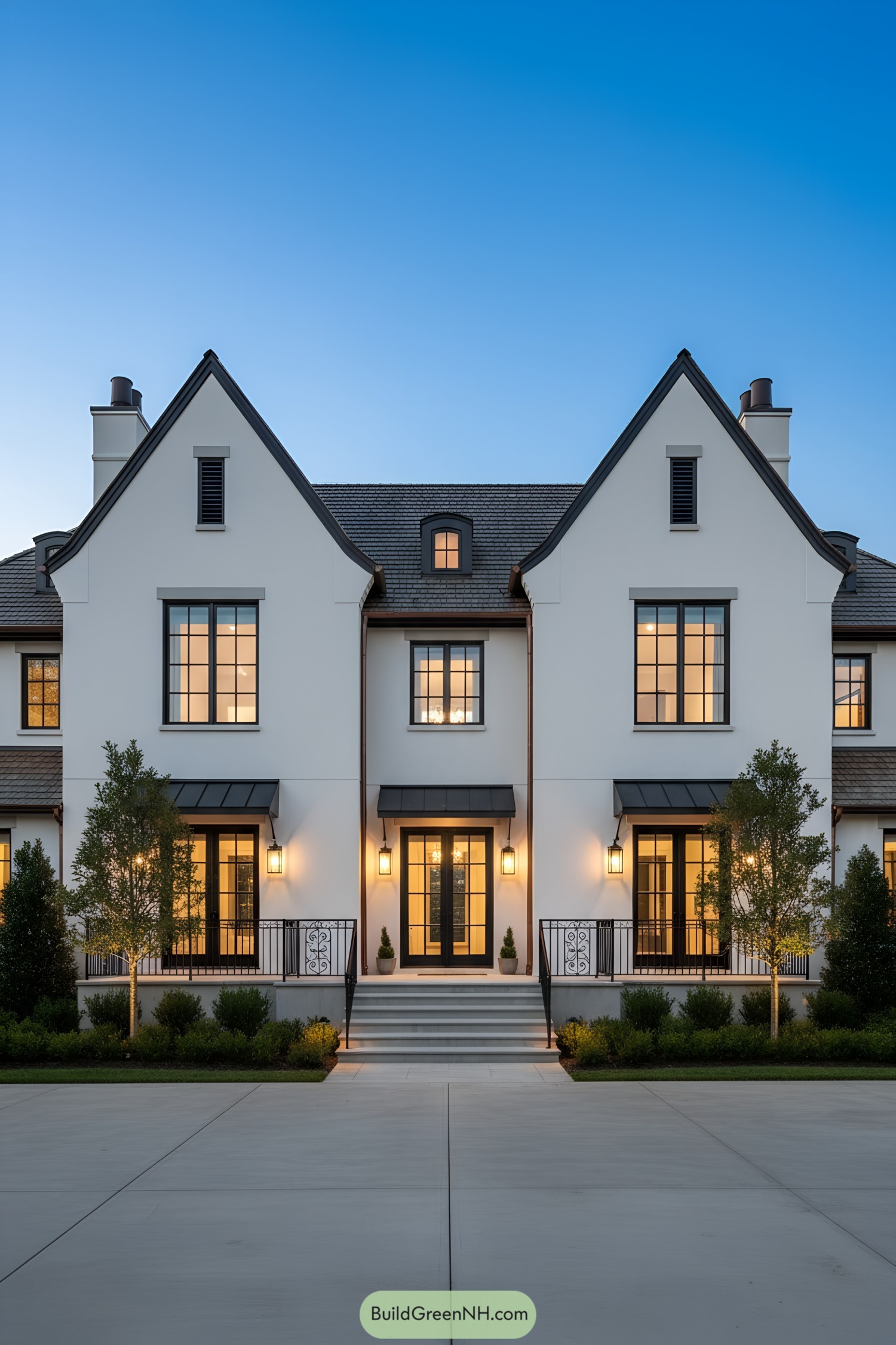 Symmetrical white Tudor facade with dark trim and warm-lit windows at dusk