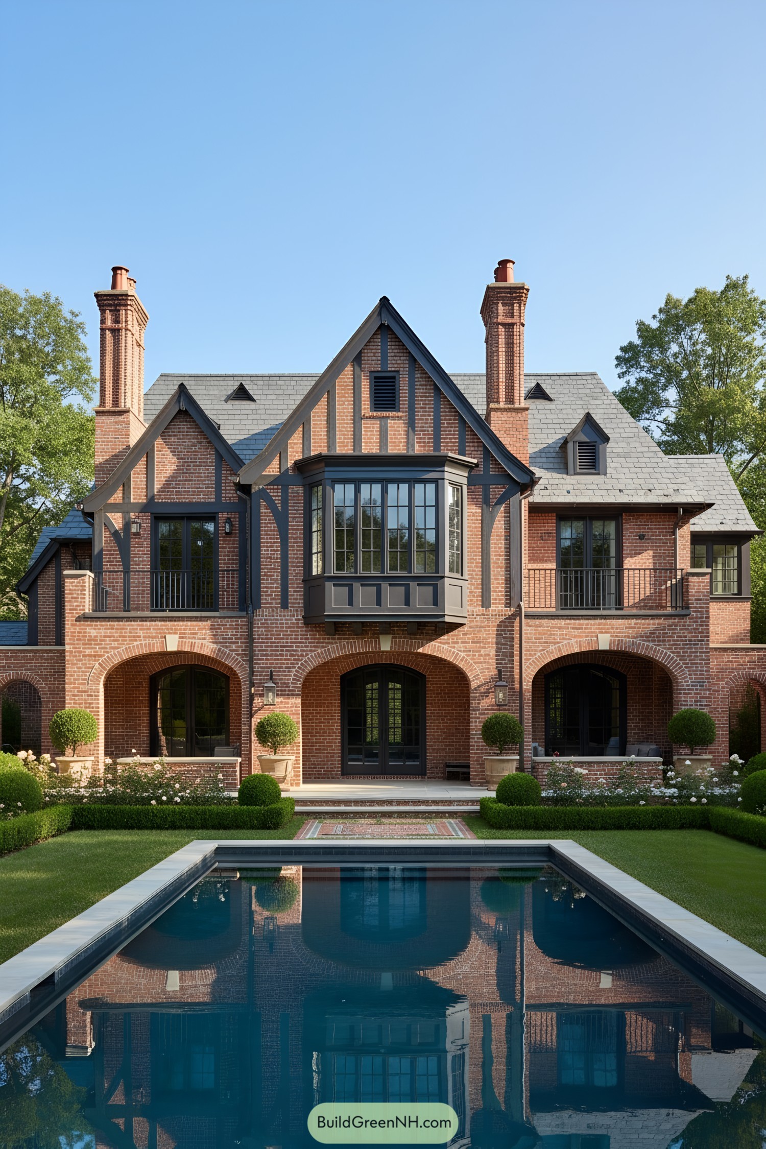 Brick-clad Tudor mansion with slate roof, dark trim, and arched loggias facing a rectangular pool