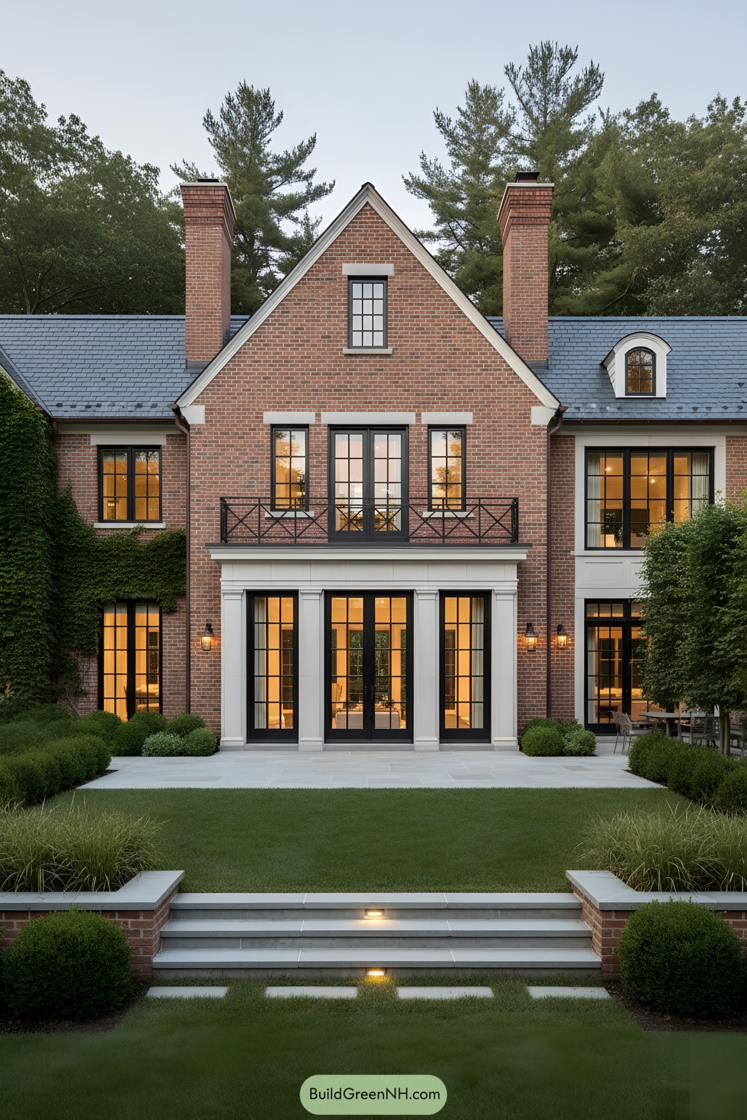 Red-brick Tudor manor with slate roof and black-trimmed windows