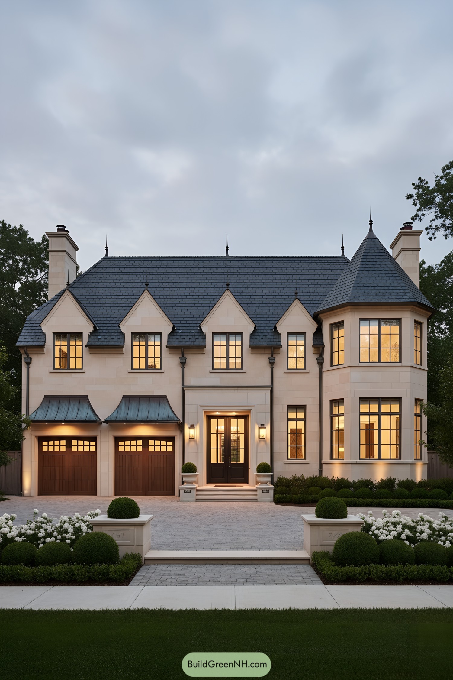 Modern Tudor mansion with slate roof and copper accents