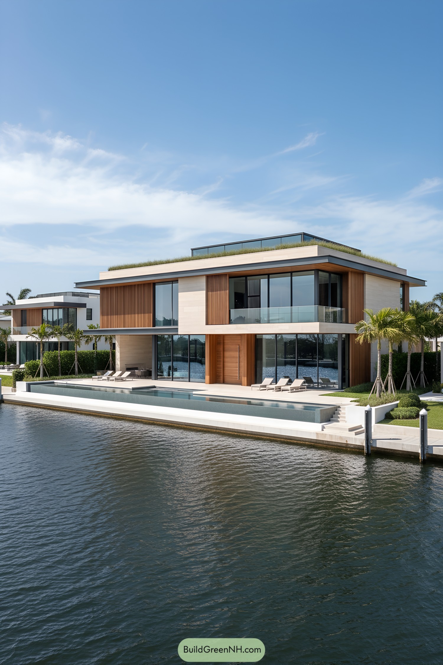 Modern waterfront house with wood, glass, and rooftop lawn