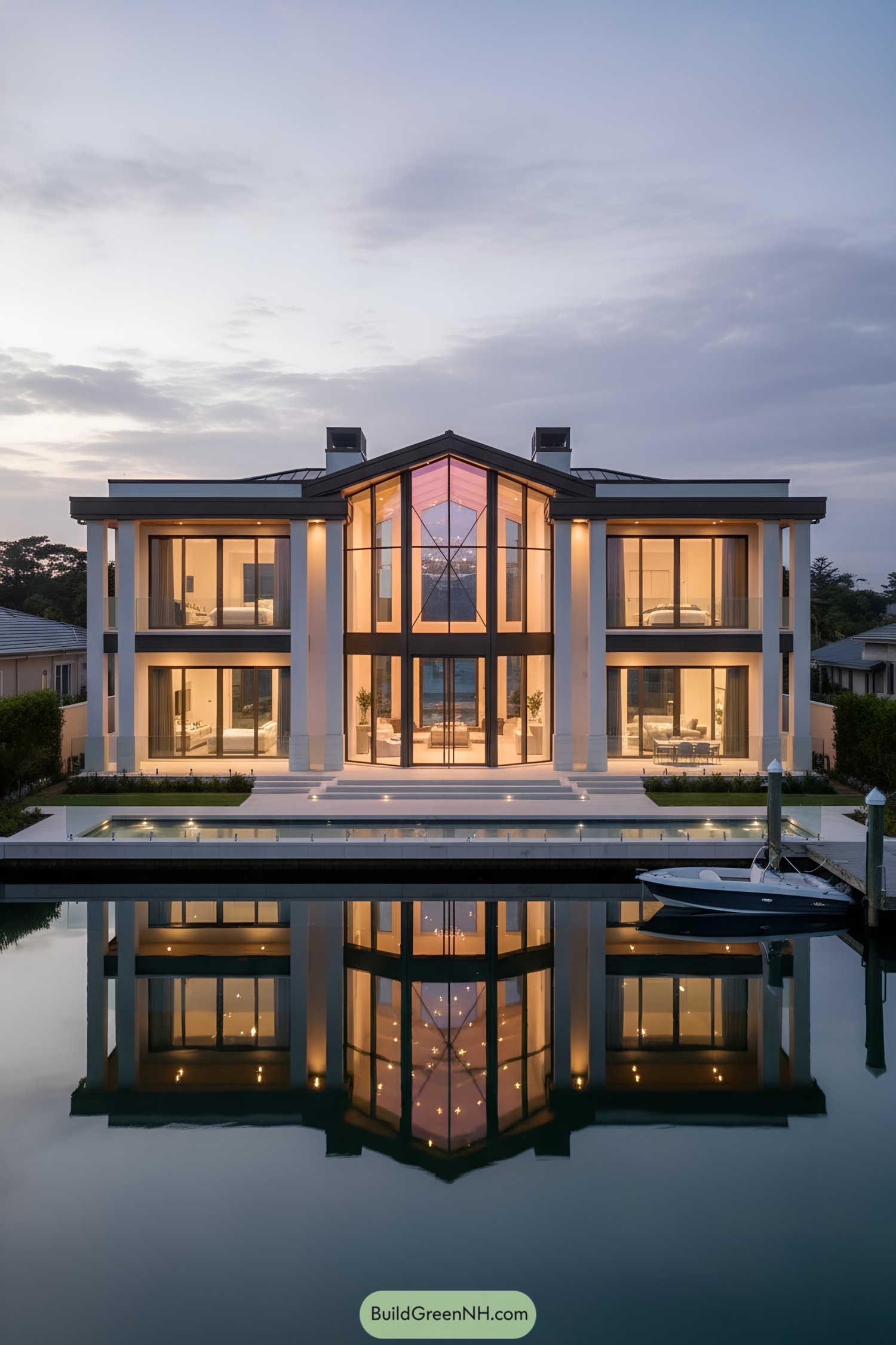 Modern waterfront villa with central glass gable