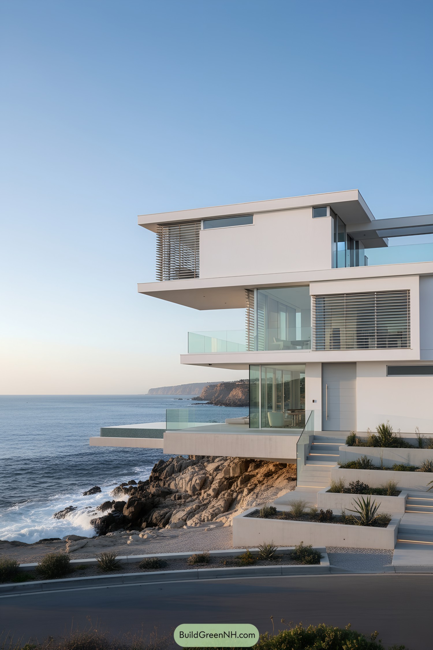 Modern cliffside house with layered glass terraces