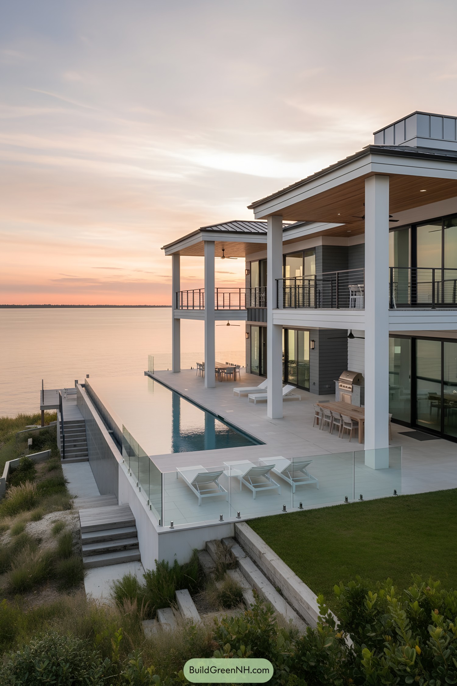 Modern waterfront home with columned terraces and an infinity pool overlooking calm water at sunset