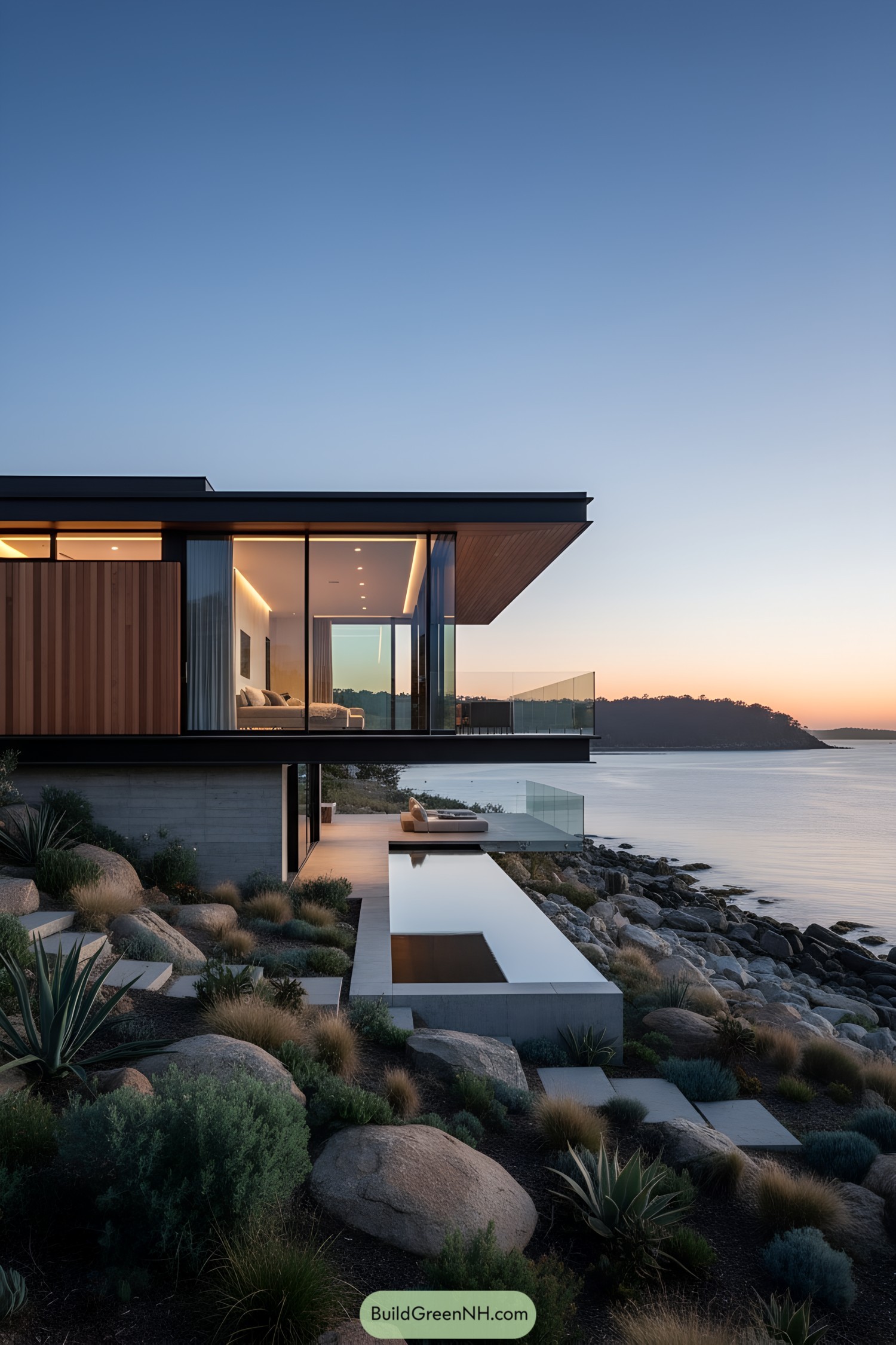 Modern cantilevered glass house above rocky coast