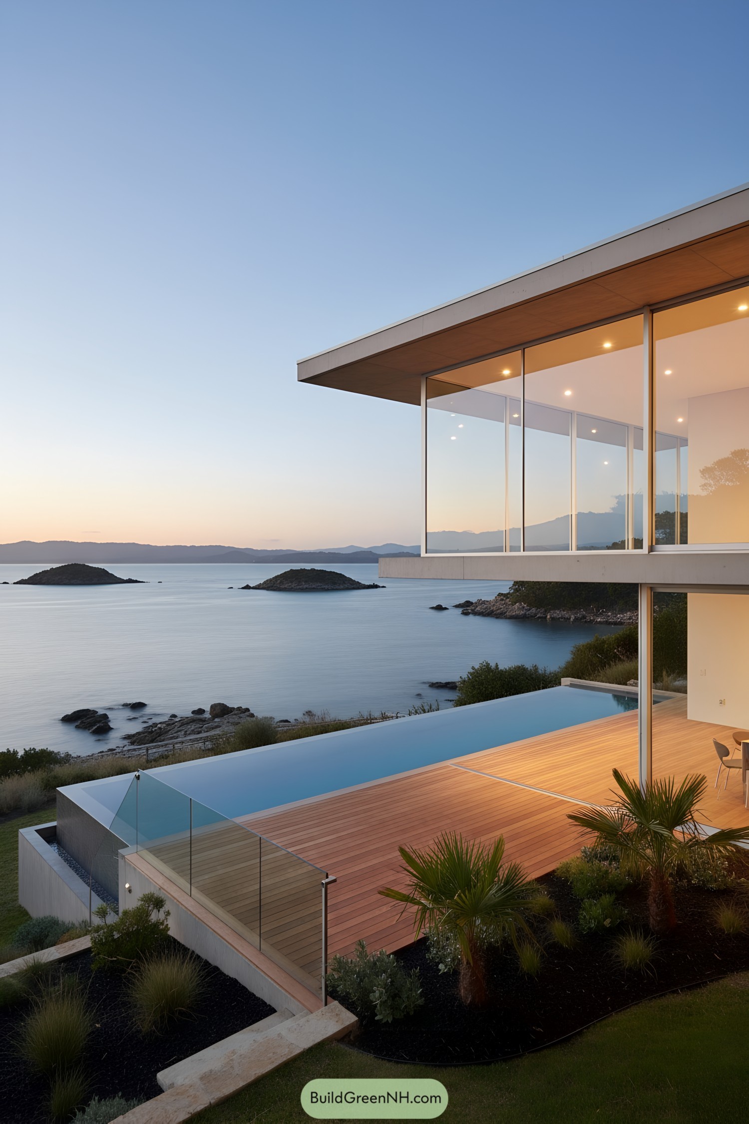 Modern waterfront home with cantilevered glass pavilion and infinity pool terrace at sunset