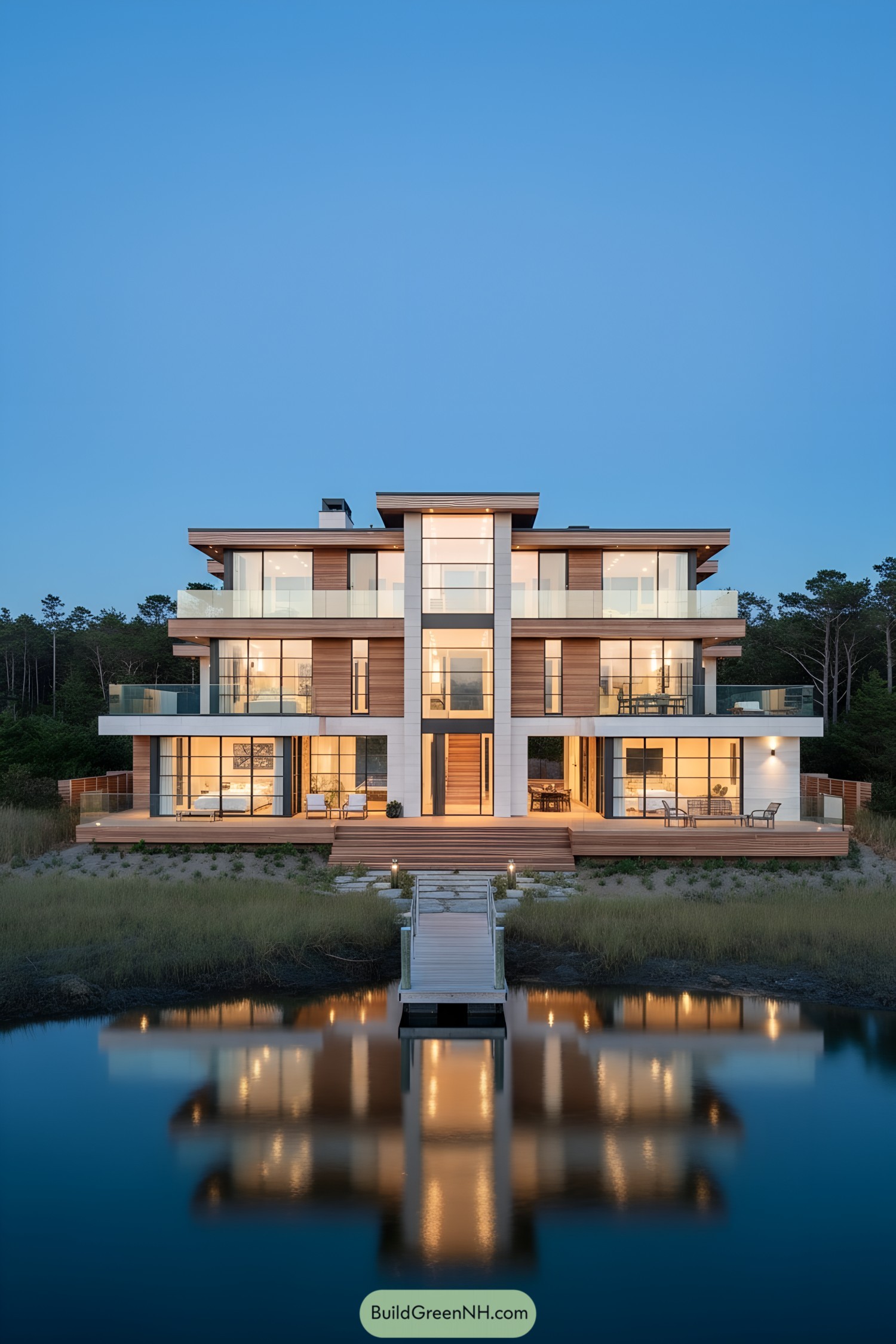 Modern waterfront house with glass terraces