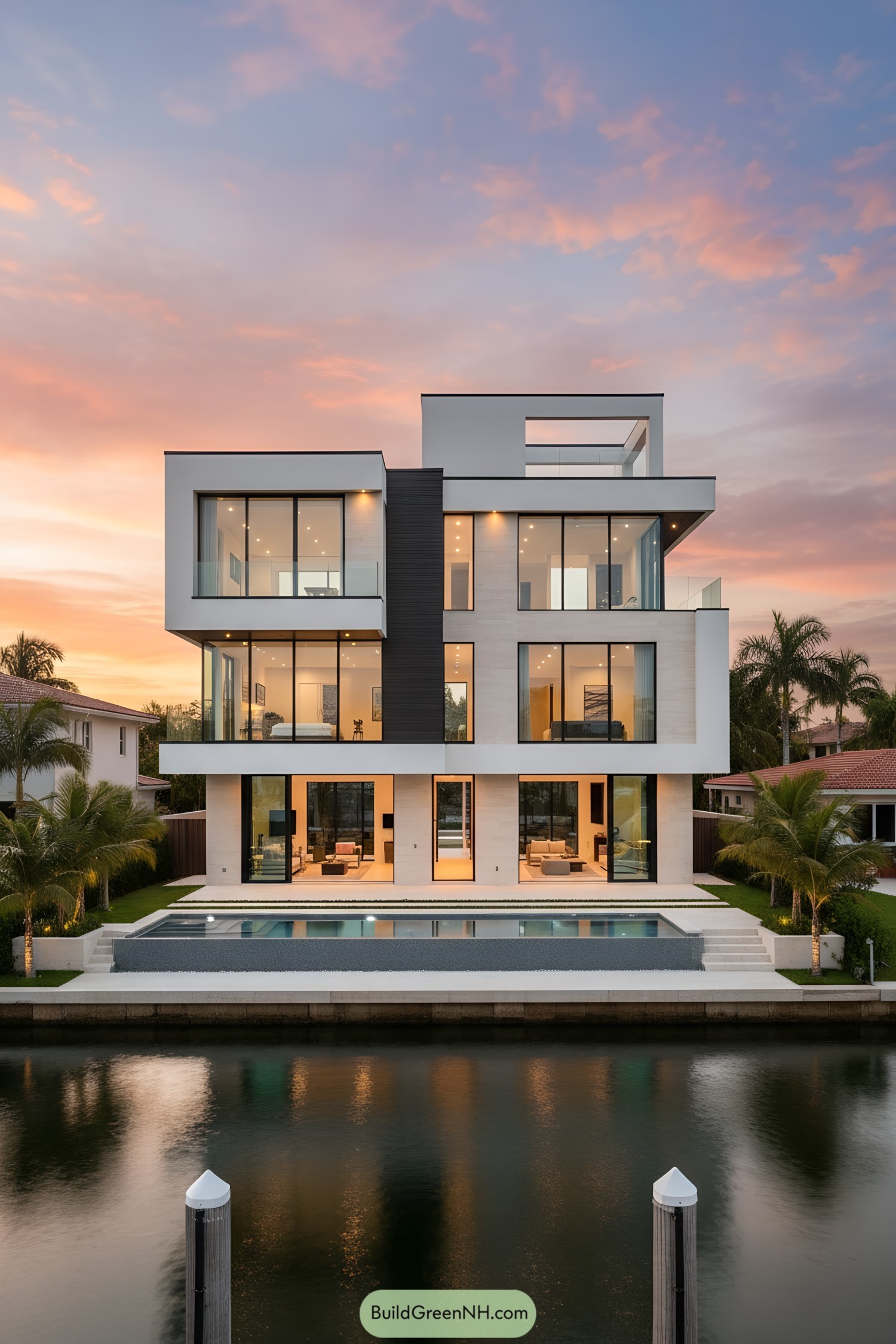 Modern canalfront cube house with glass walls at sunset