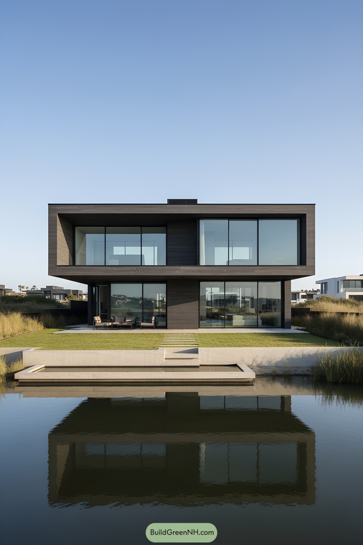 Modern black-cubed waterfront house with large glass walls and reflecting pool