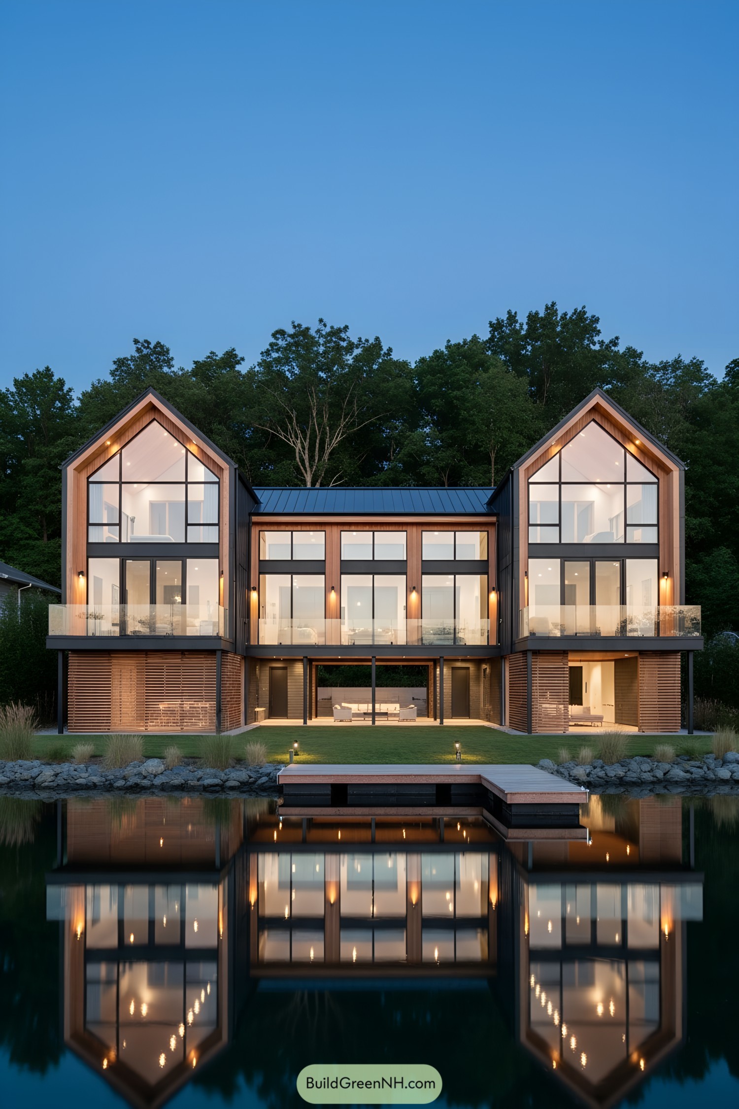 Modern waterfront house with twin gables