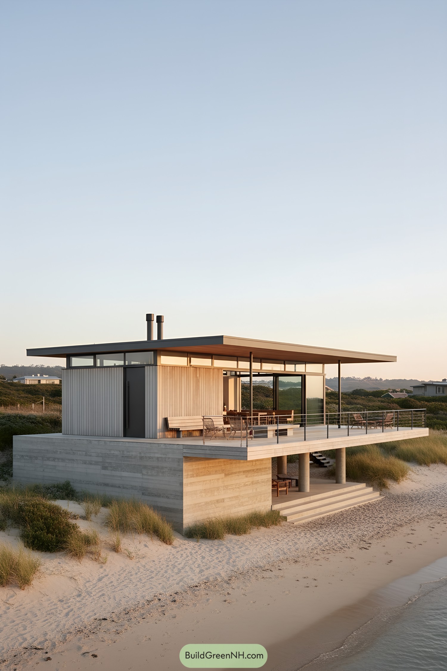Modern beach house on piloti above sand