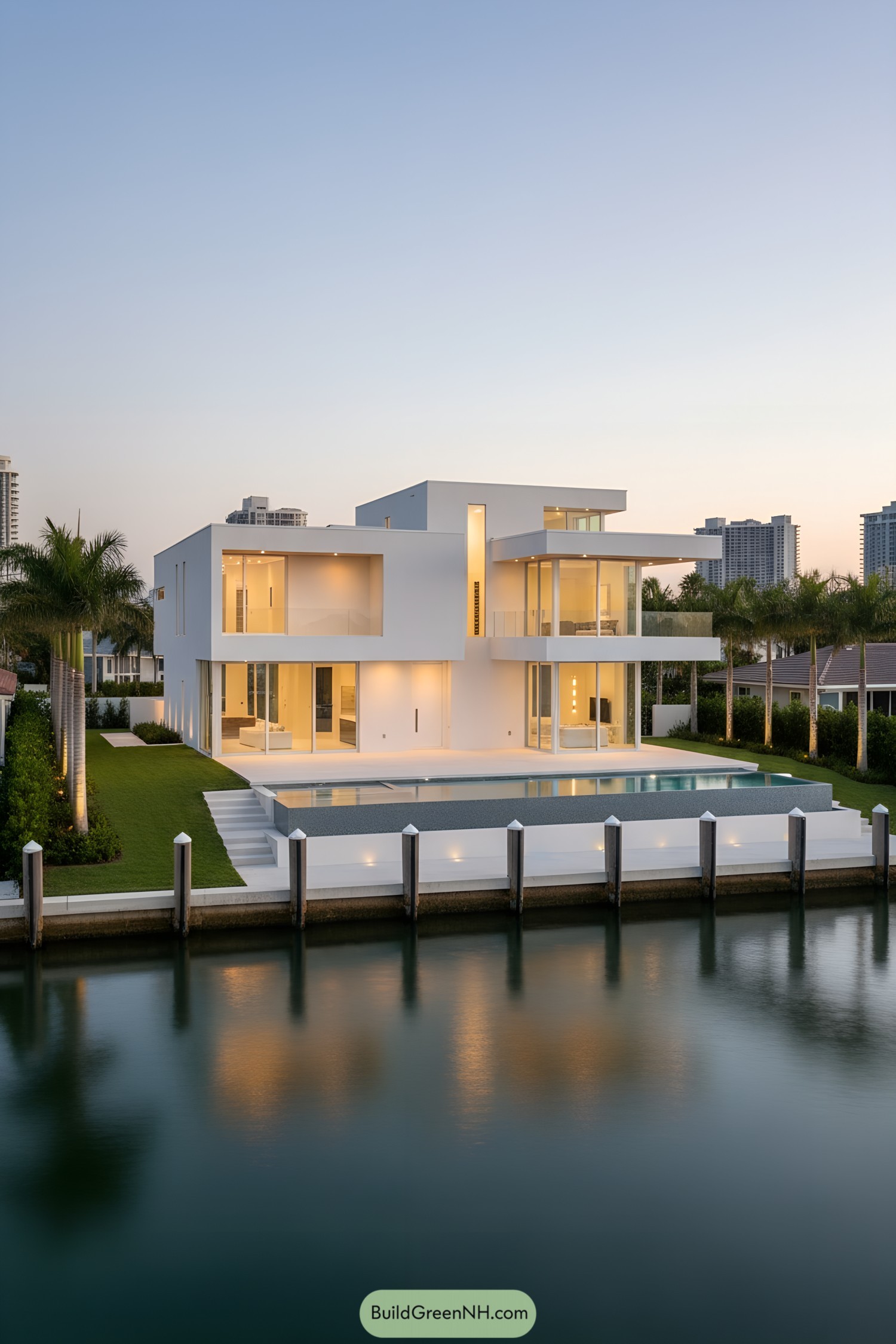 Minimalist white waterfront villa with terraced volumes and glass