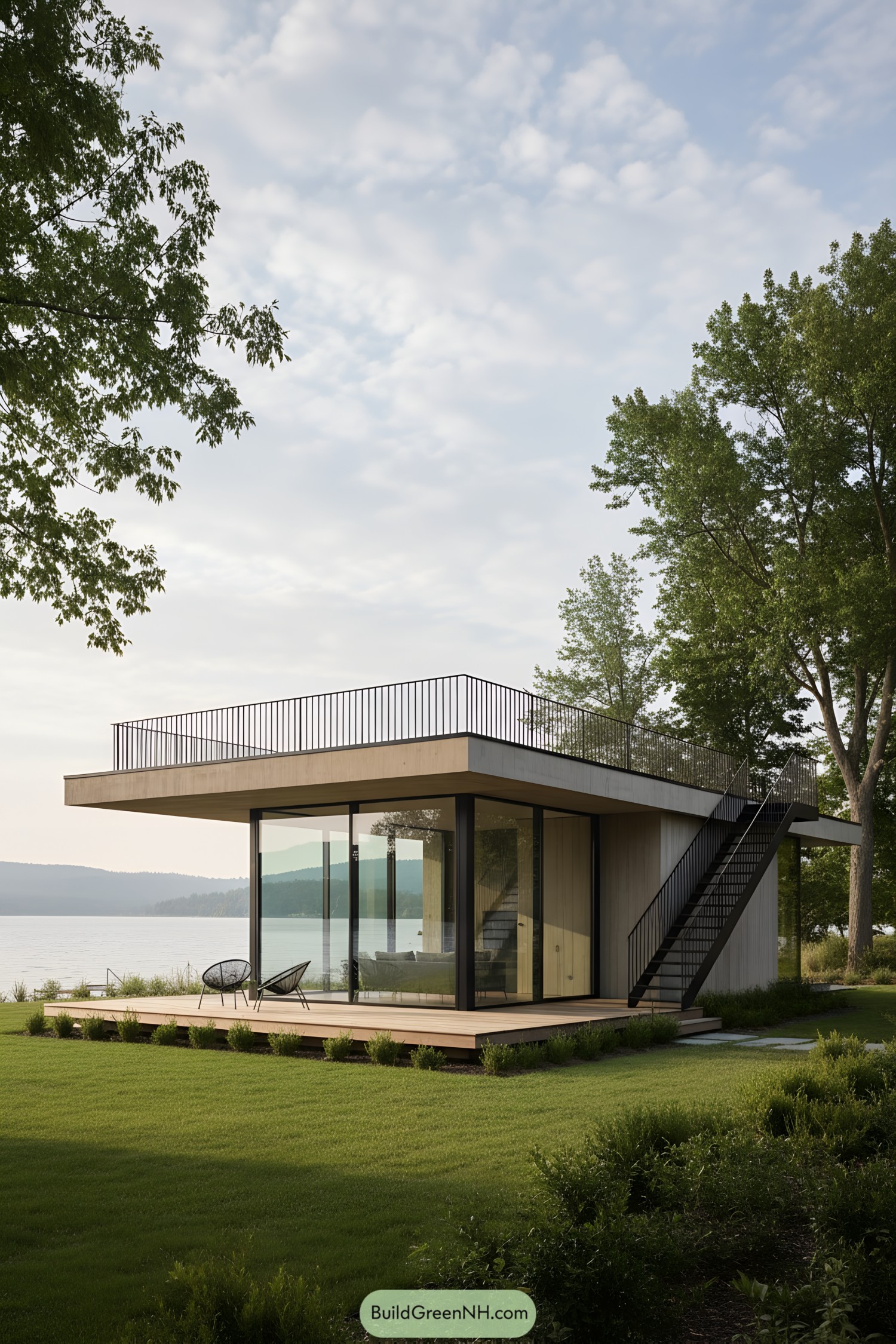 Minimalist glass pavilion with rooftop terrace
