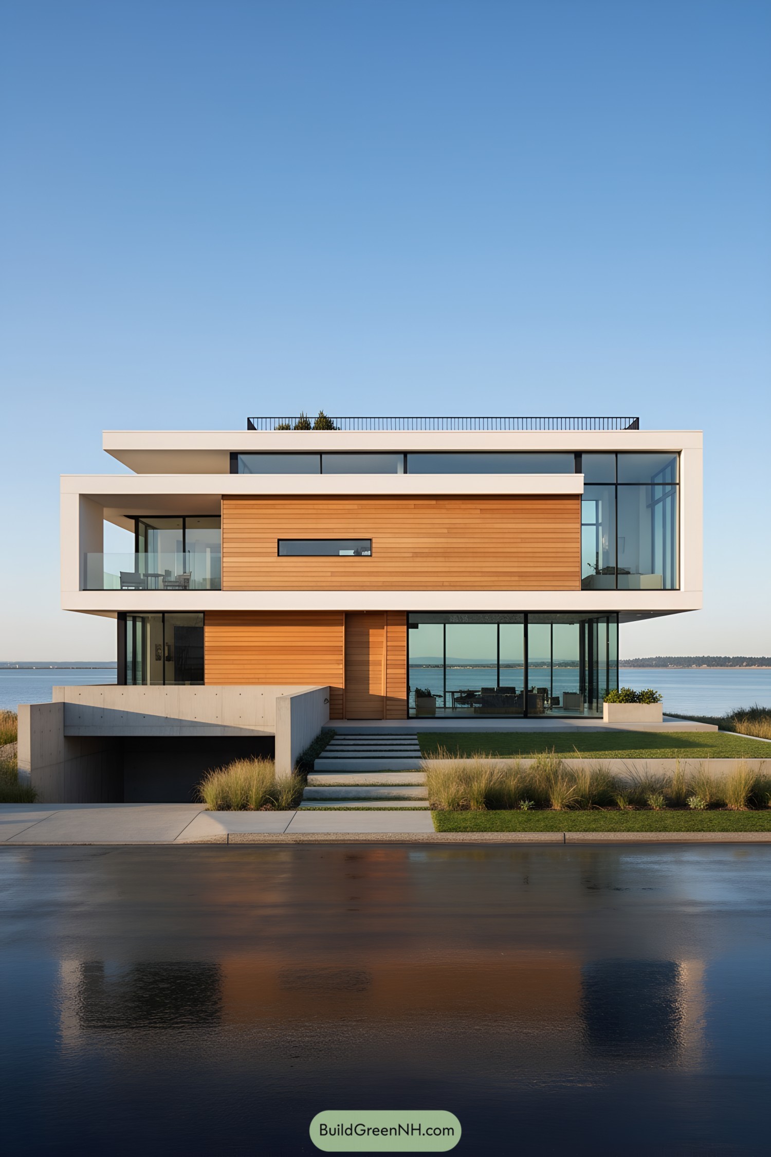 Modern waterfront house with glass, white frames, and warm wood cladding