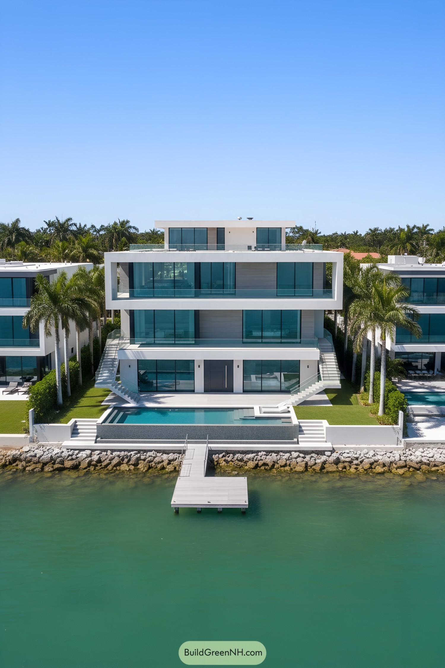 Modern waterfront villa with glass facades and pool