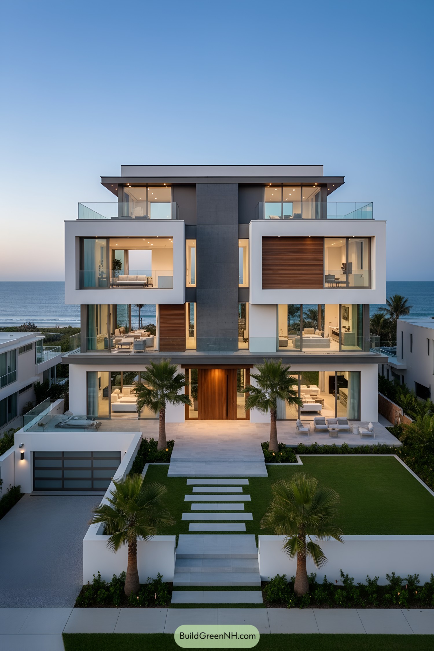 Modern beachfront villa with stacked cubic volumes and glass terraces at dusk