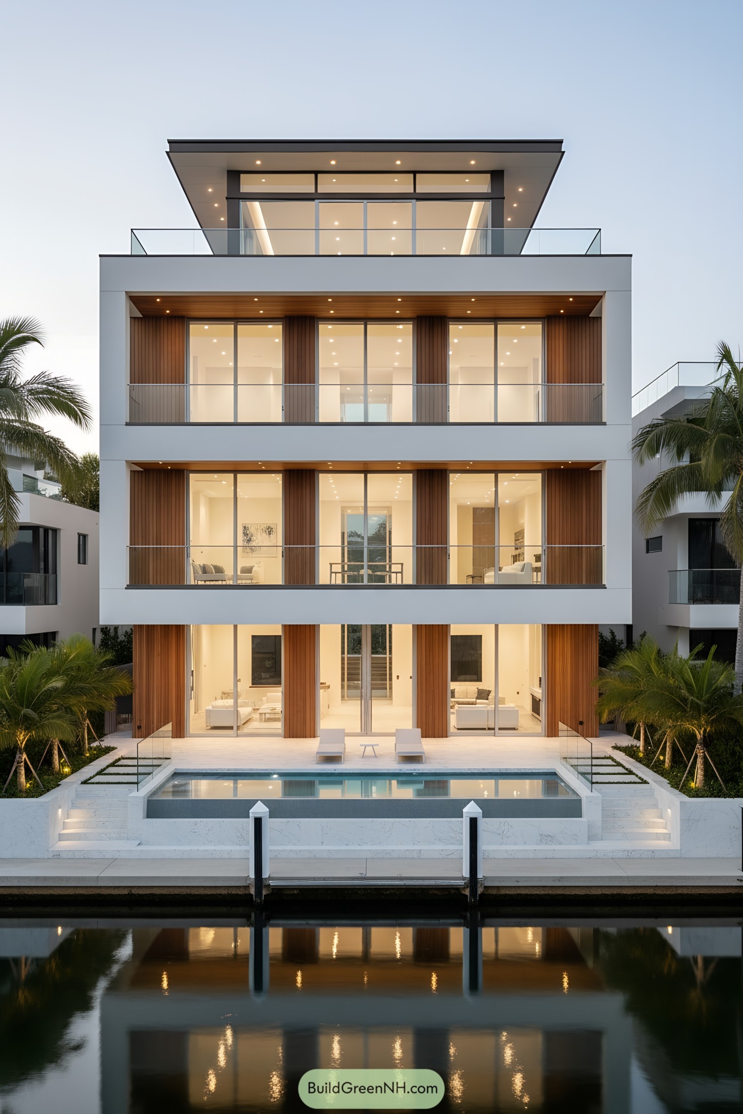 Modern canalfront villa with glass facades, stacked terraces, and wood louvers