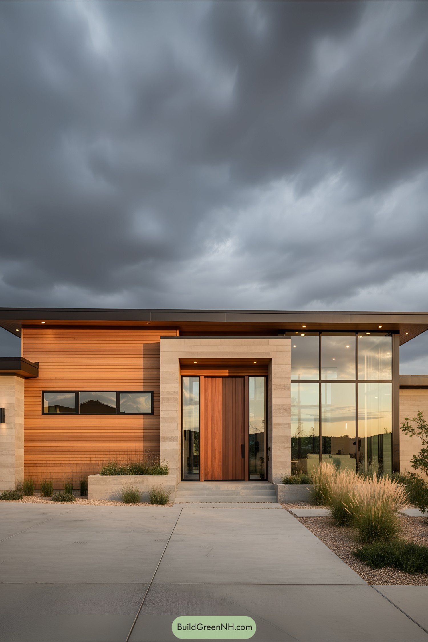 Modern house with wooden and concrete elements under a dramatic sky