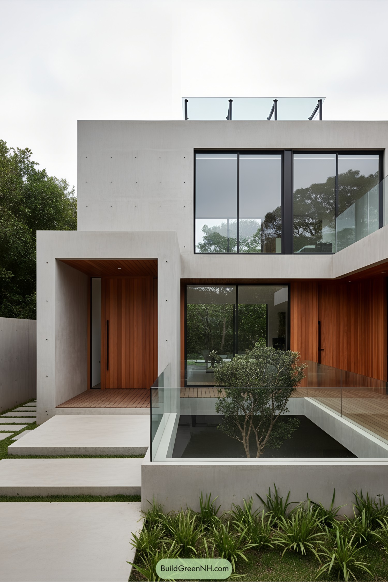 Modern house exterior with wood and glass details