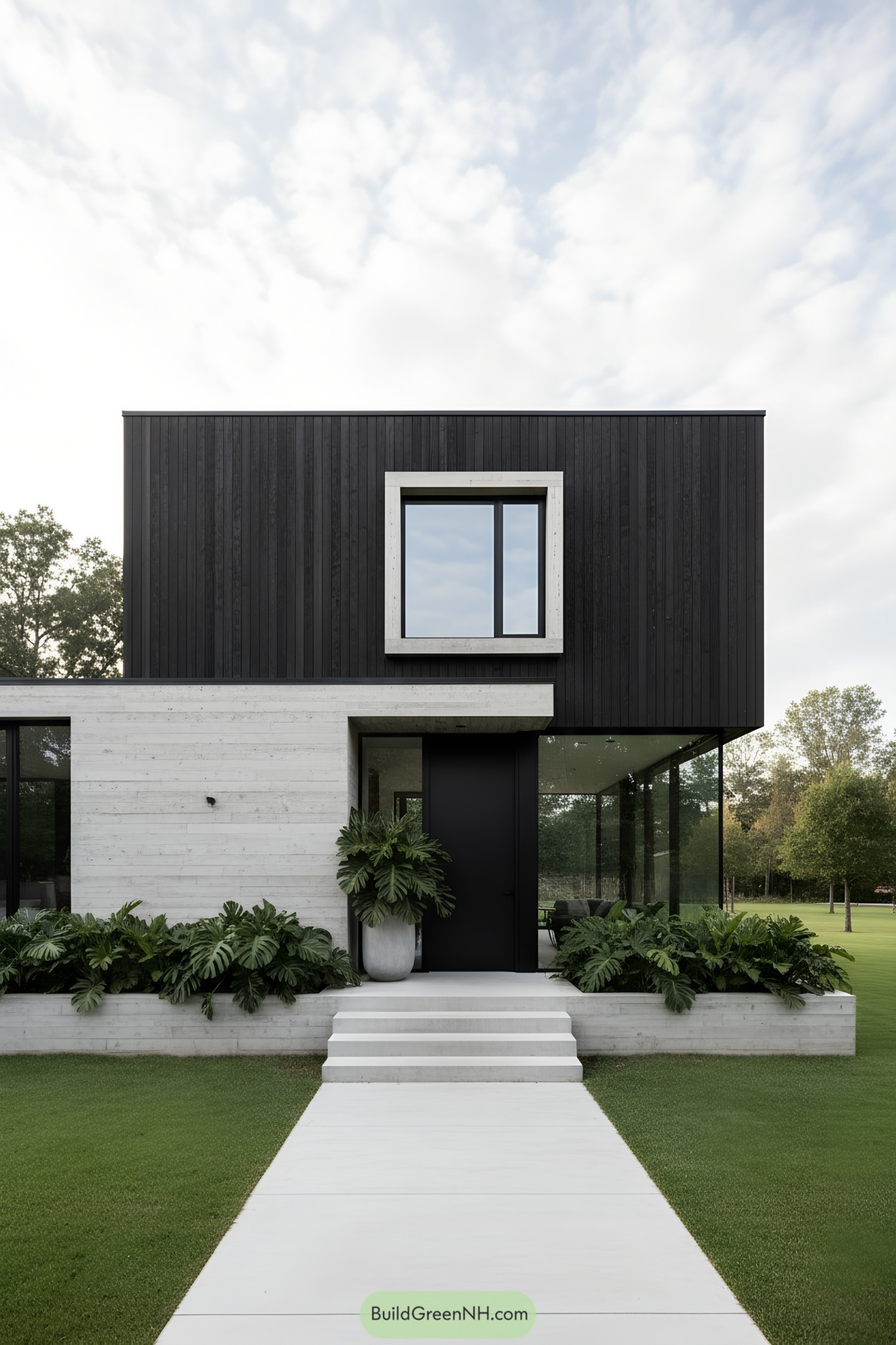 Modern house with wood and concrete elements, framed by lush greenery
