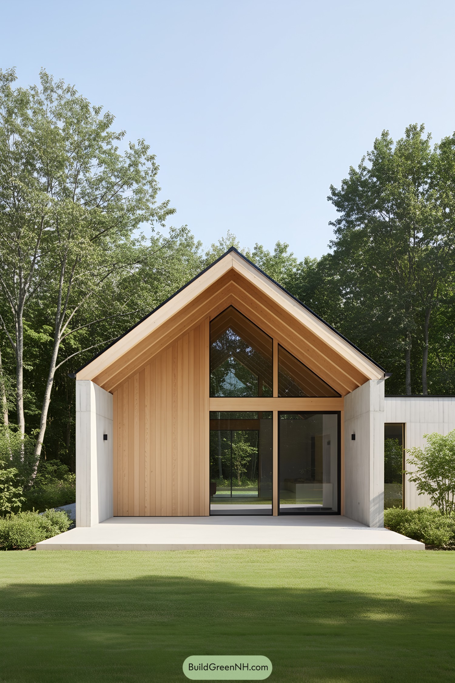 Modern wooden house with concrete elements amid greenery