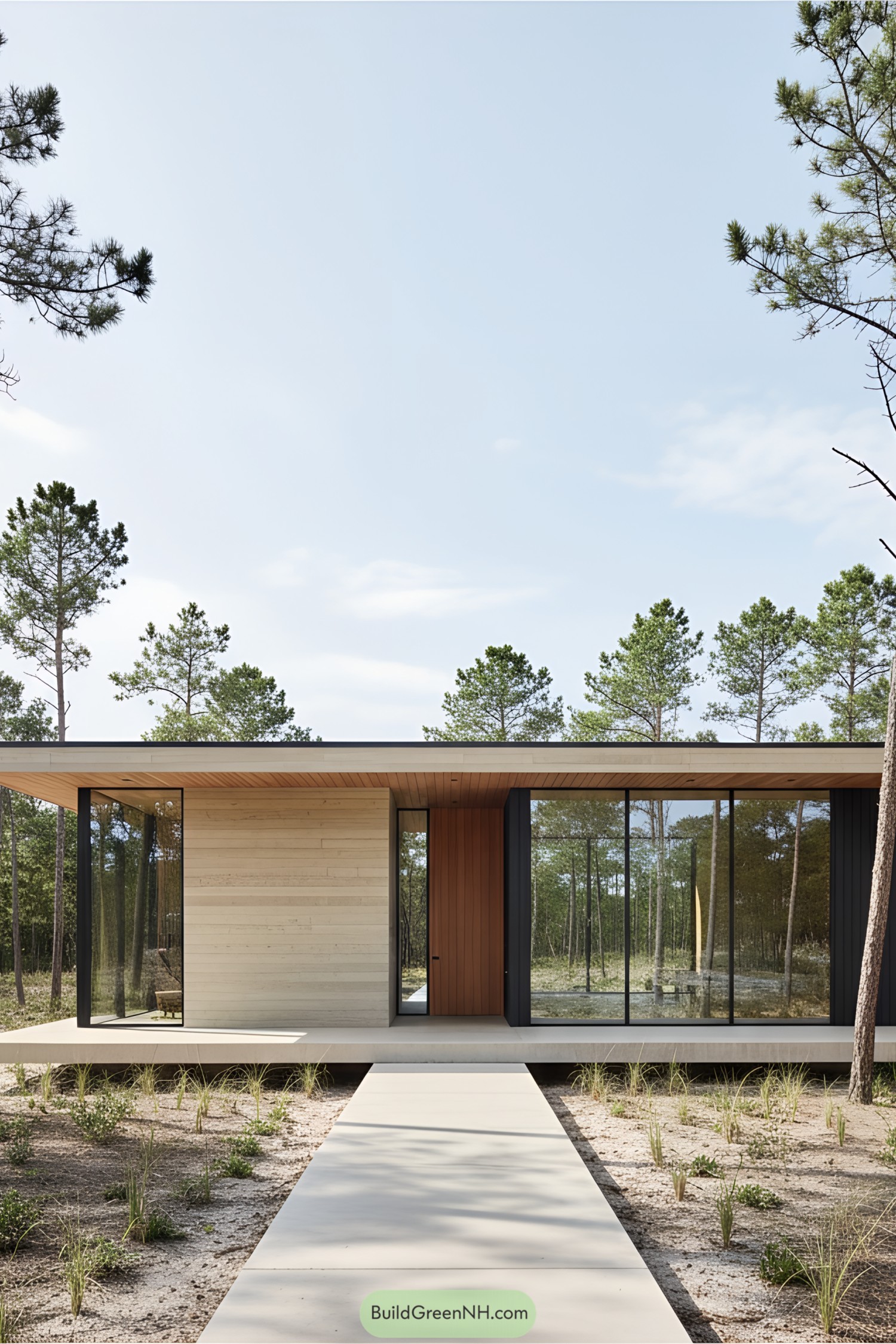Modern house with timber facade and large glass windows in a forest setting