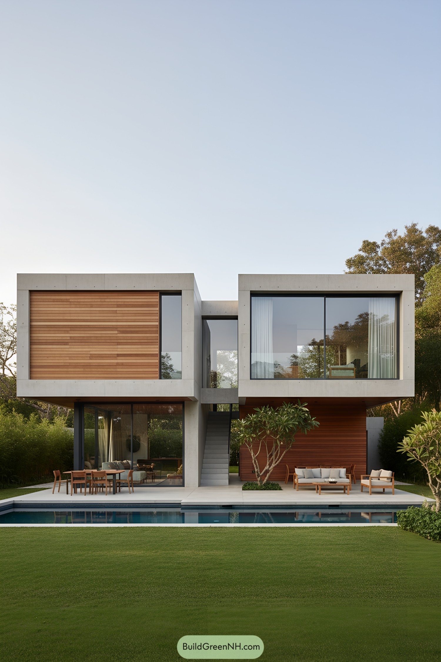 A contemporary house with wood and concrete elements