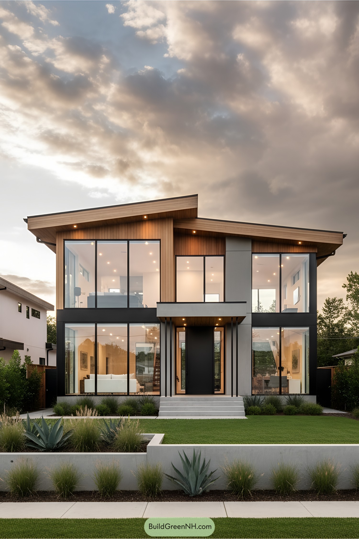 Modern house with large glass windows, wooden accents, and concrete elements