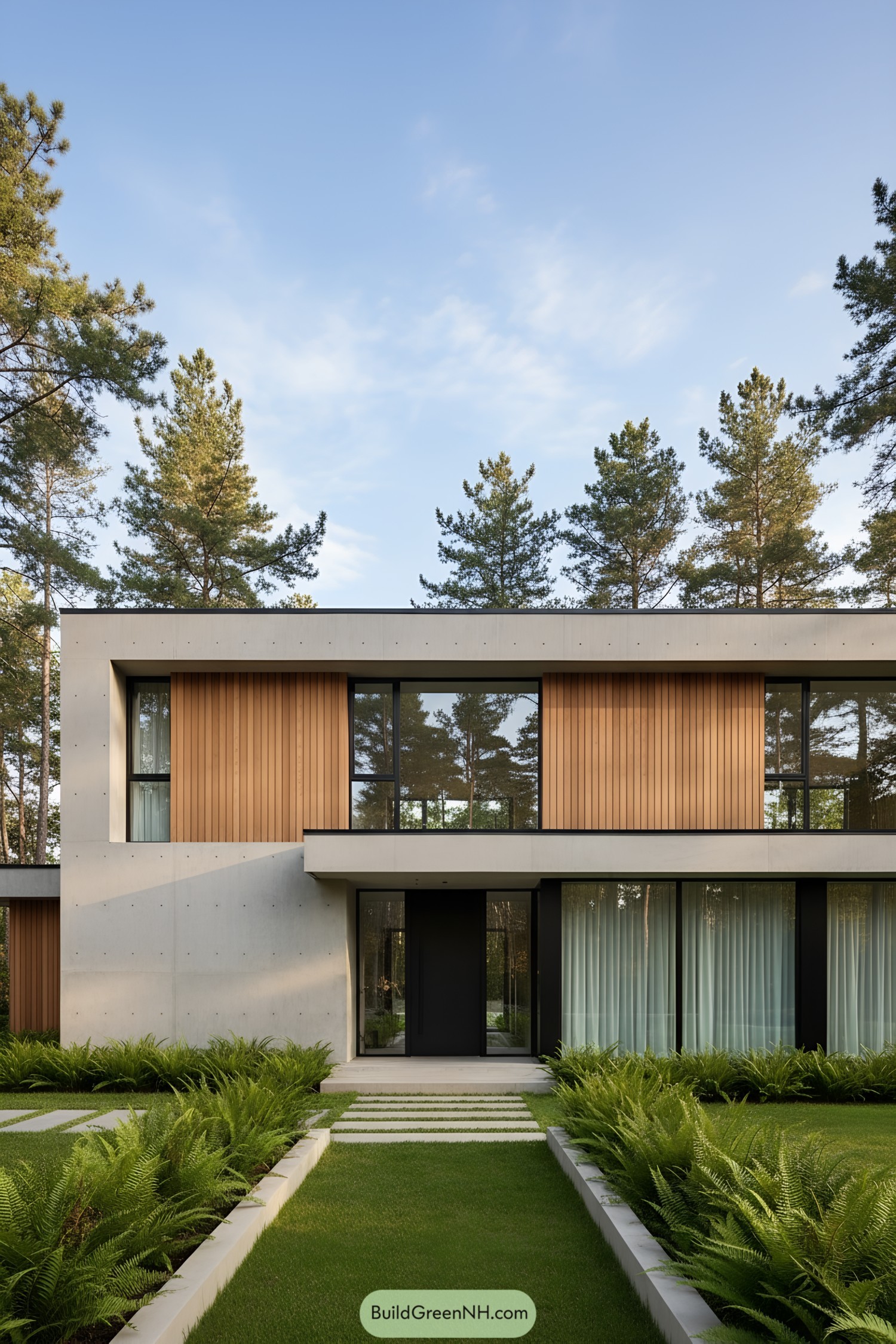 Modern house with wood and concrete façade amidst trees