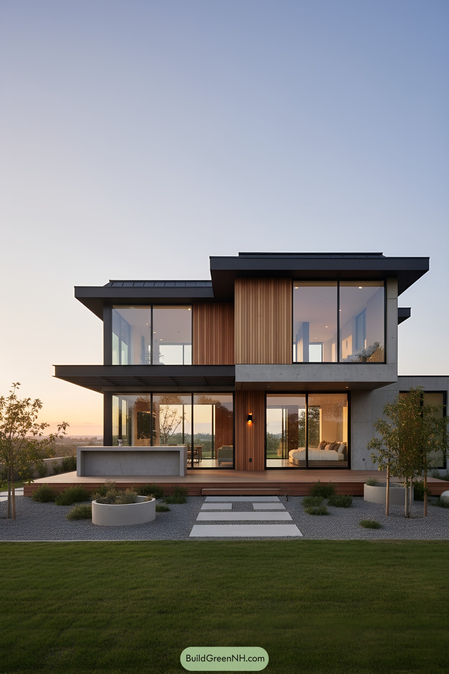 Modern house with wood and concrete design at sunset