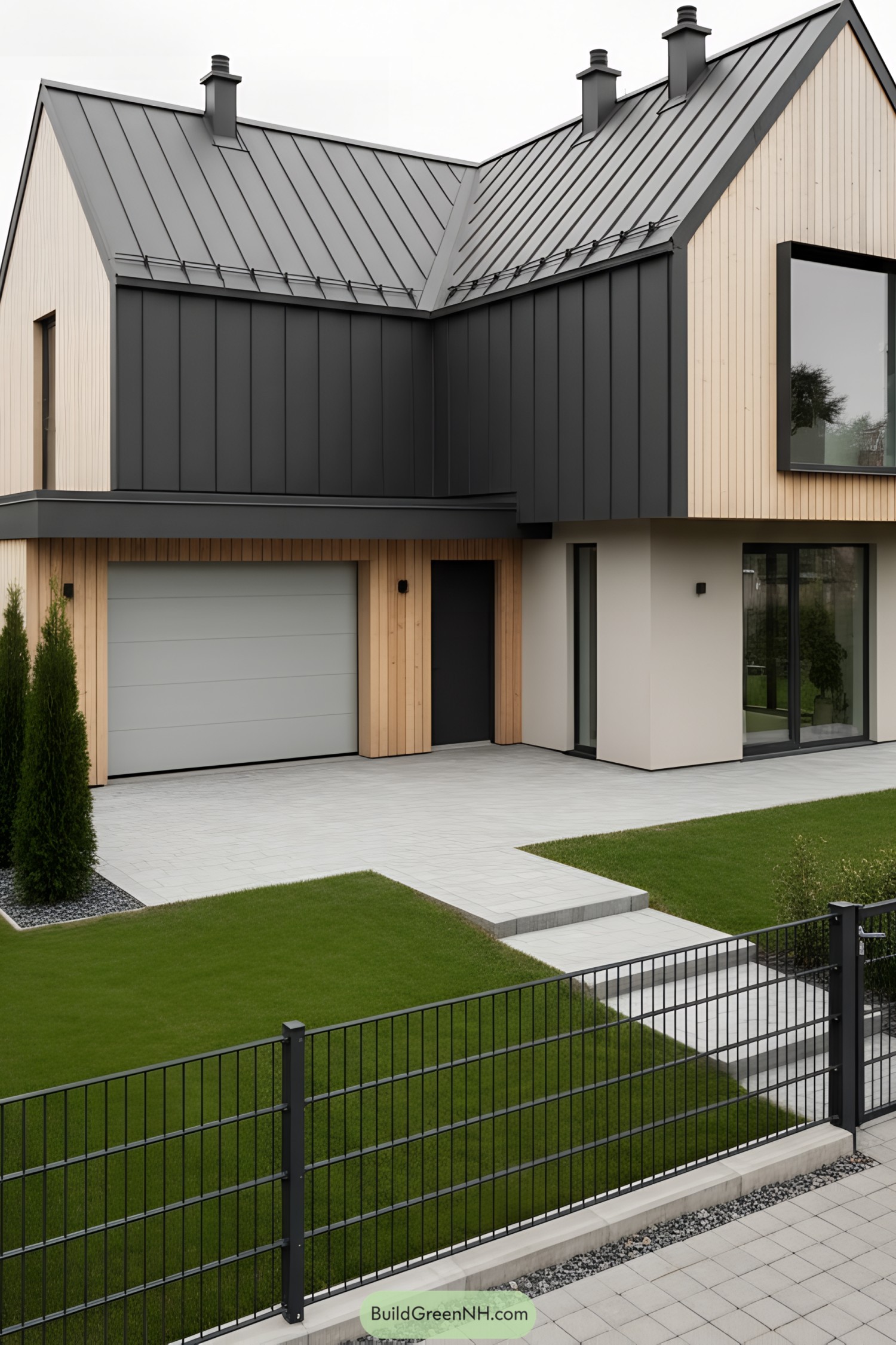 Modern Nordic barn house with black standing-seam roof, pale timber siding, and large corner windows