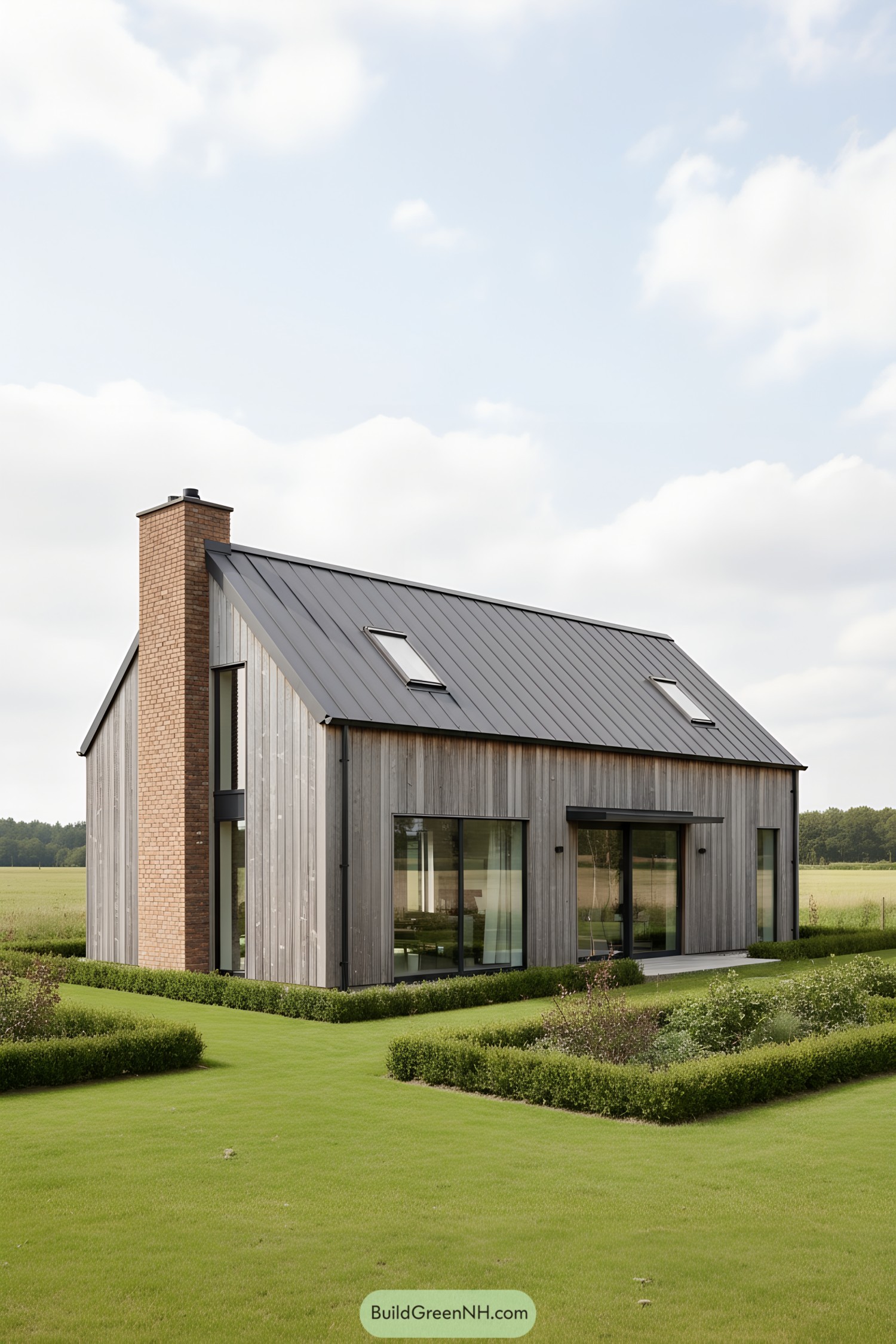 Modern barn house with gray timber siding, black metal roof, large windows, and a brick chimney rising on the gable end