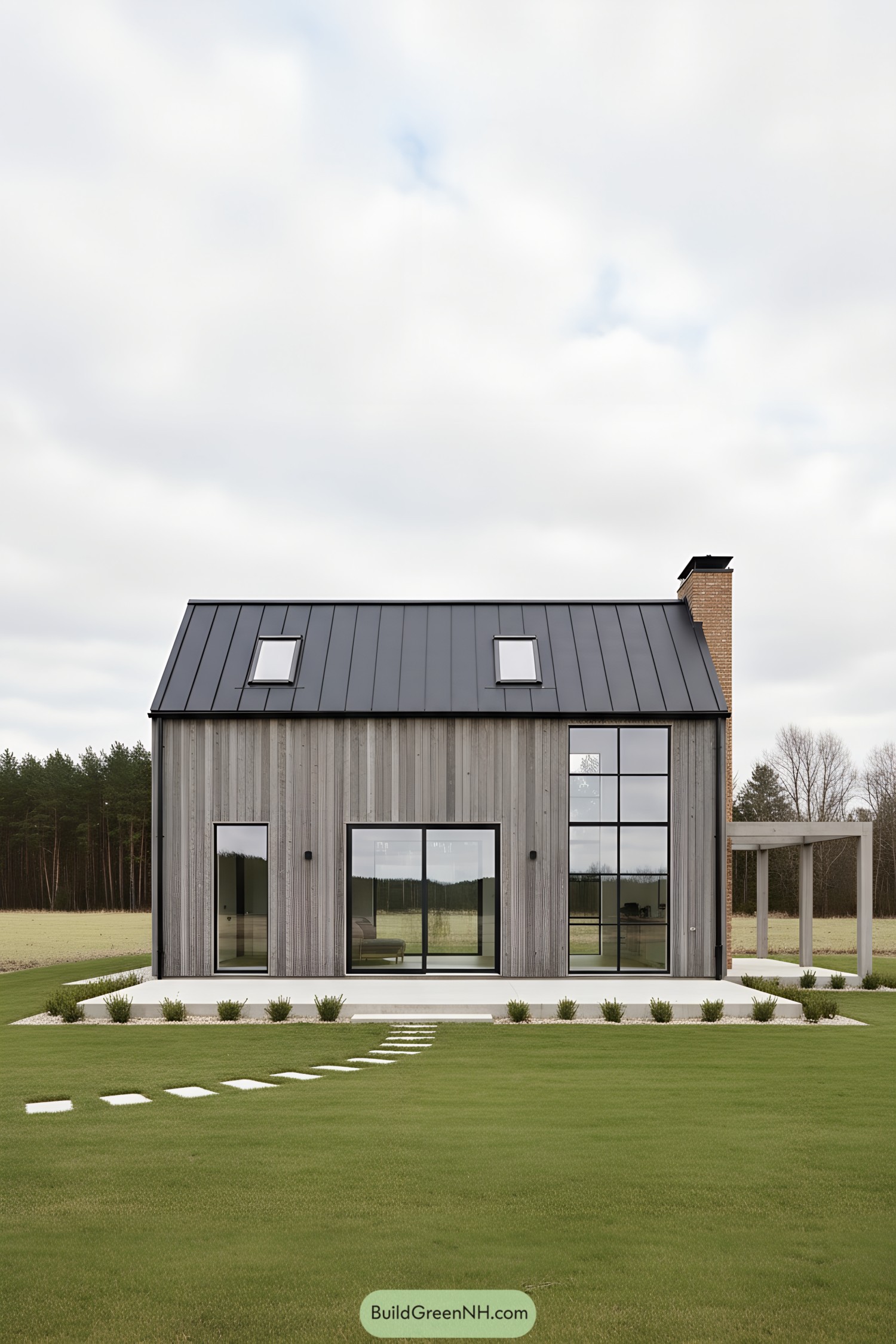 Modern barn house with vertical gray cladding, black standing-seam roof, and large grid windows
