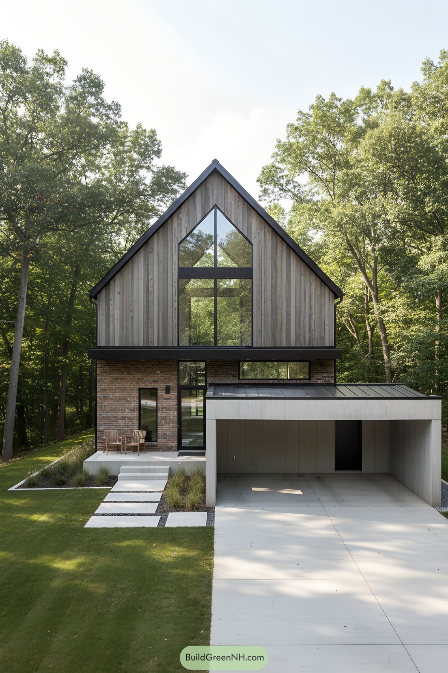 Nordic barn-style house with tall glass gable, timber cladding, and attached minimalist carport