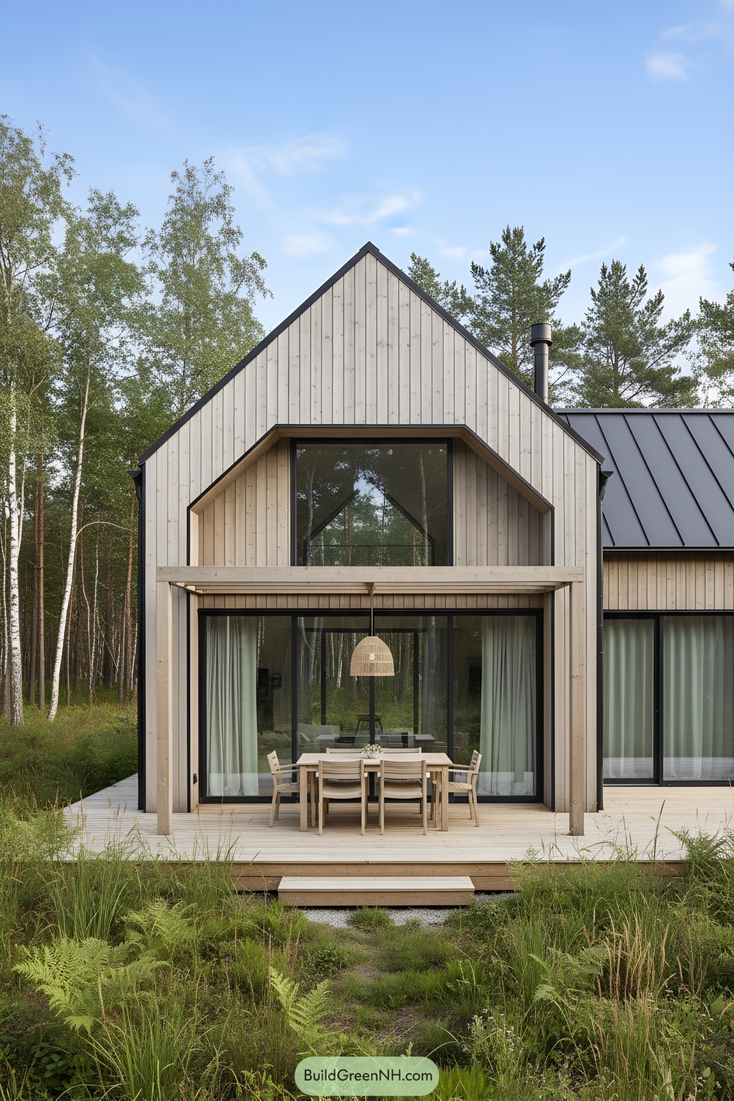 Nordic barn house with timber gable and glazed dining porch