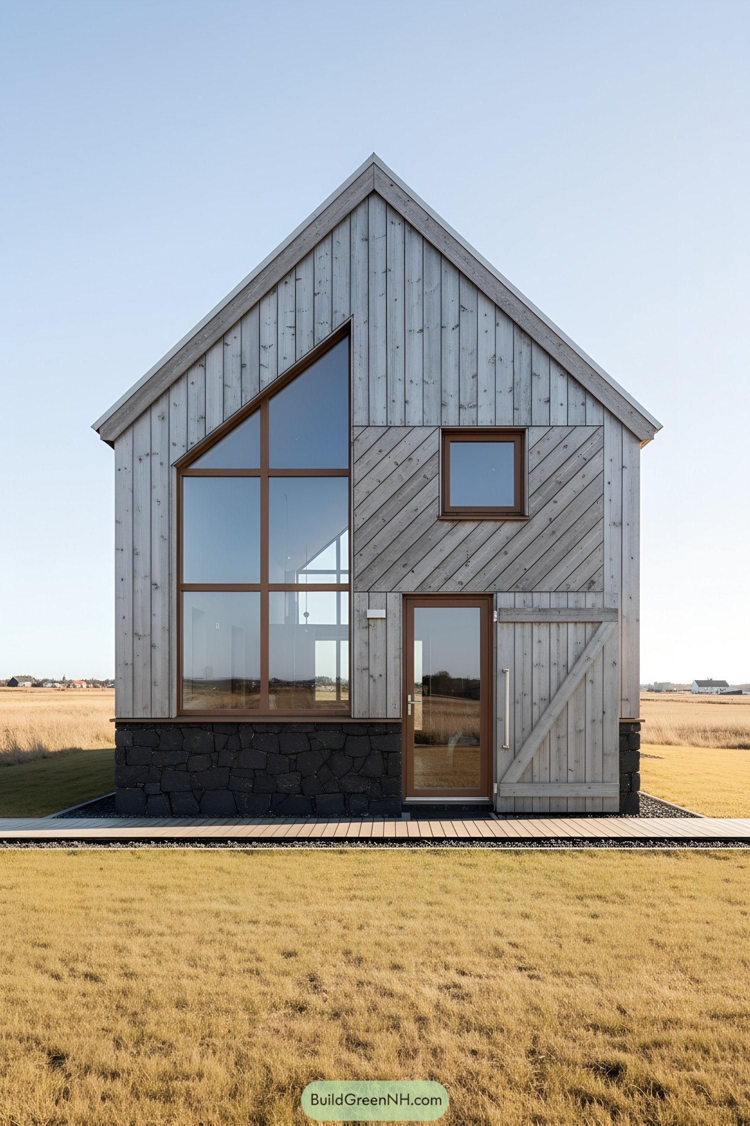 Nordic barn house with tall glazing and stone base