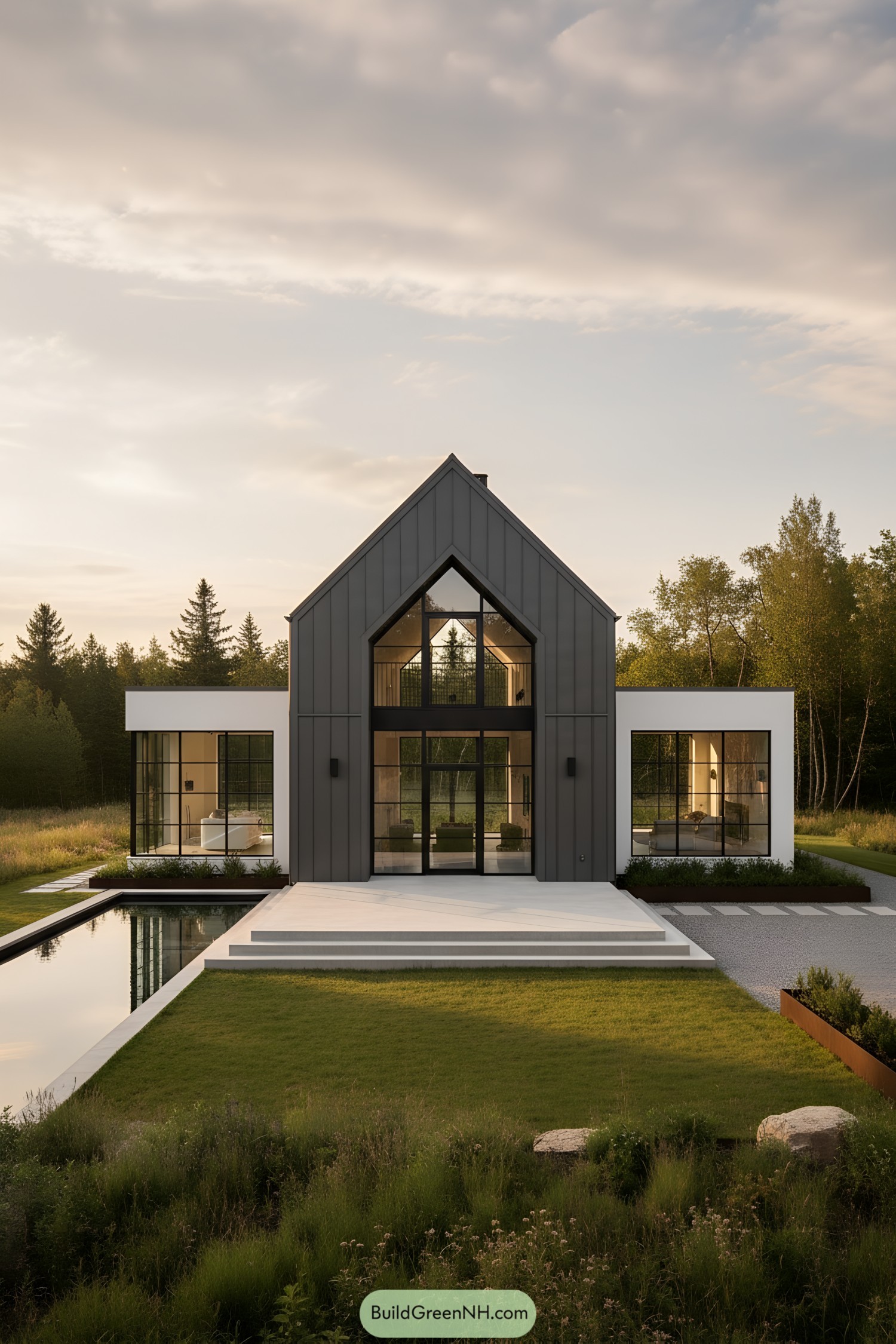 Modern gabled house with dark metal cladding, flanked by white rectangular glass pavilions and a reflecting pool. Symmetrical entry with tall black-framed glazing facing a meadow