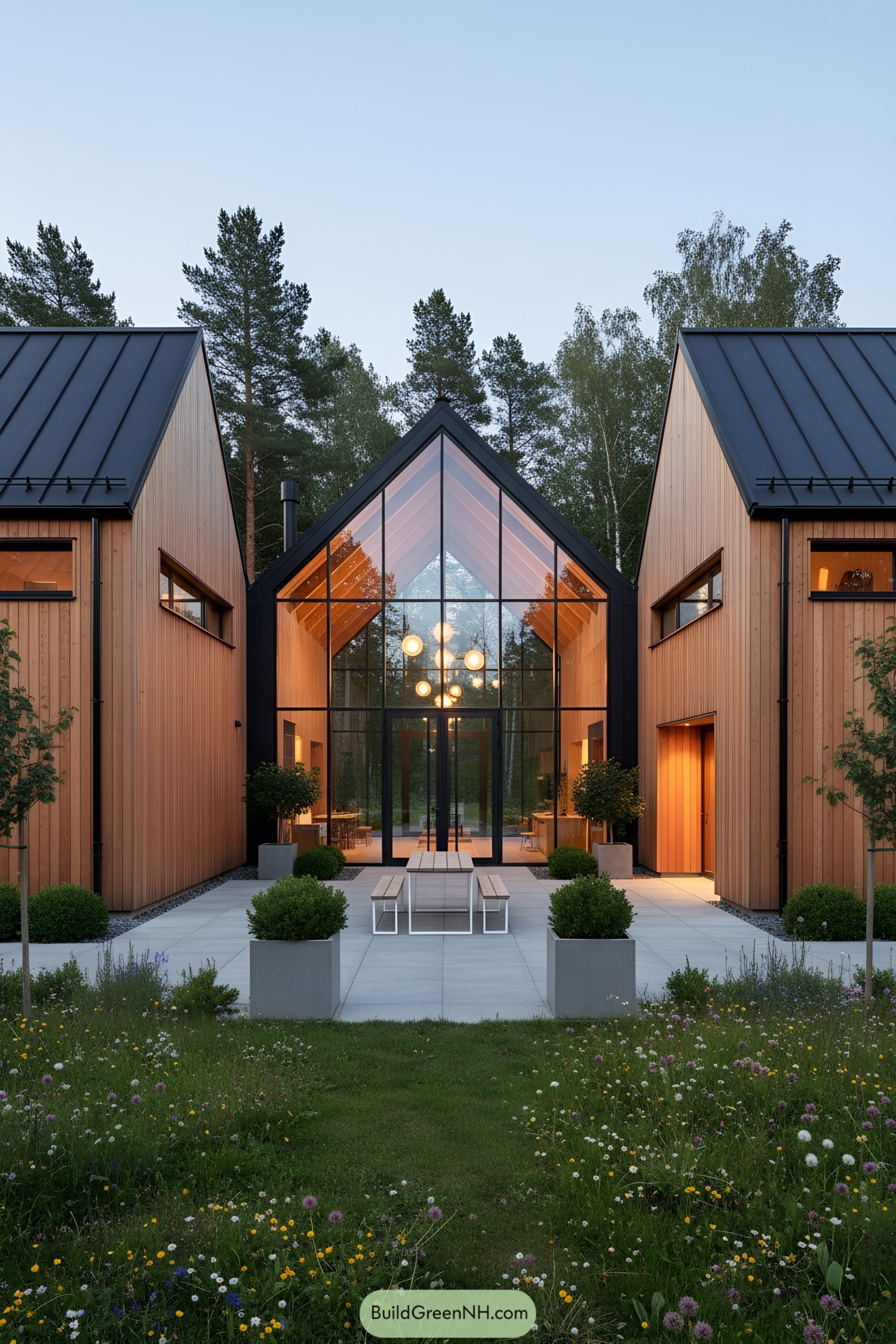Nordic barn trio with glazed atrium courtyard