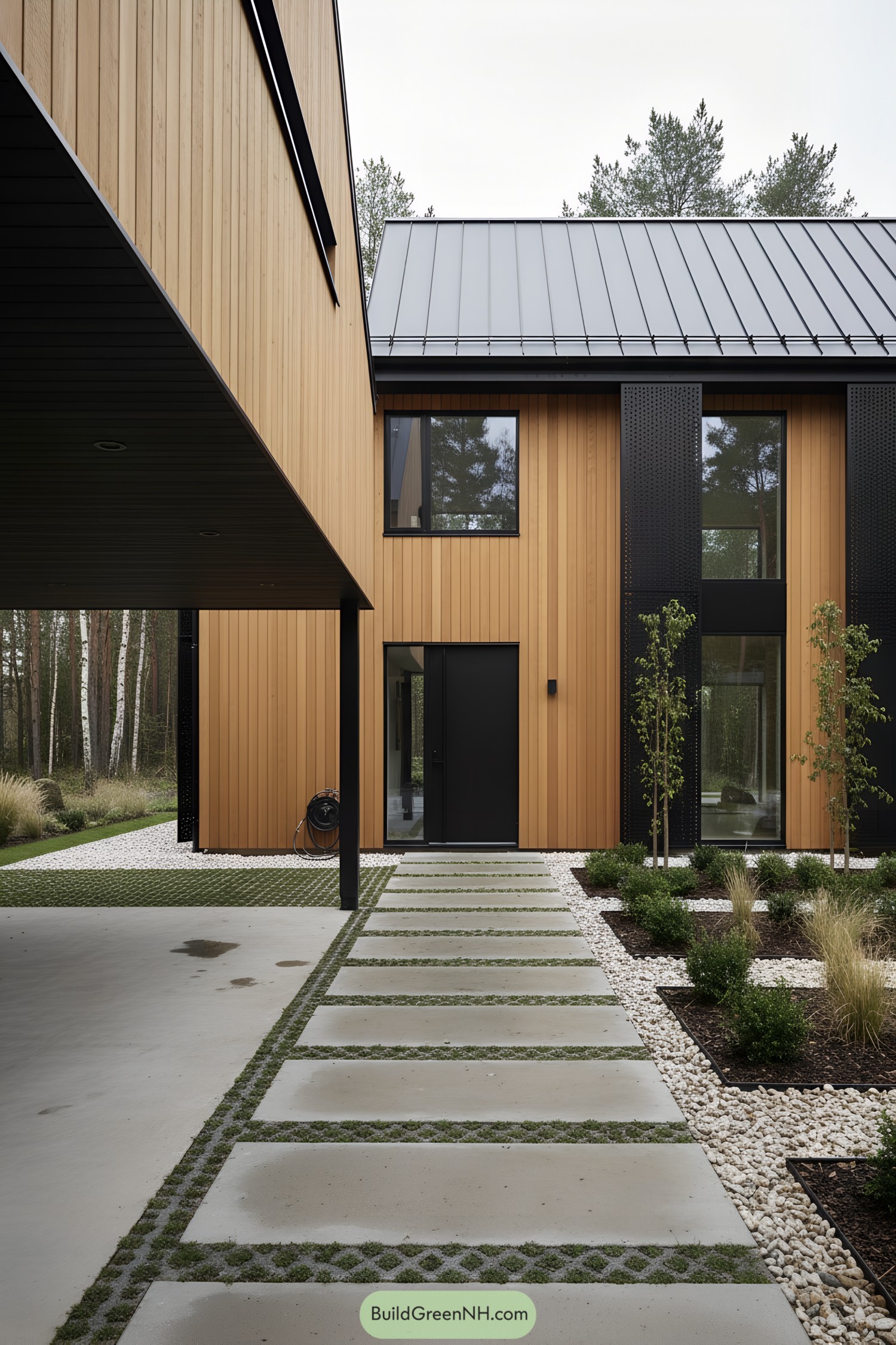 Modern barn house with warm vertical timber siding, black metal accents, and a standing-seam roof