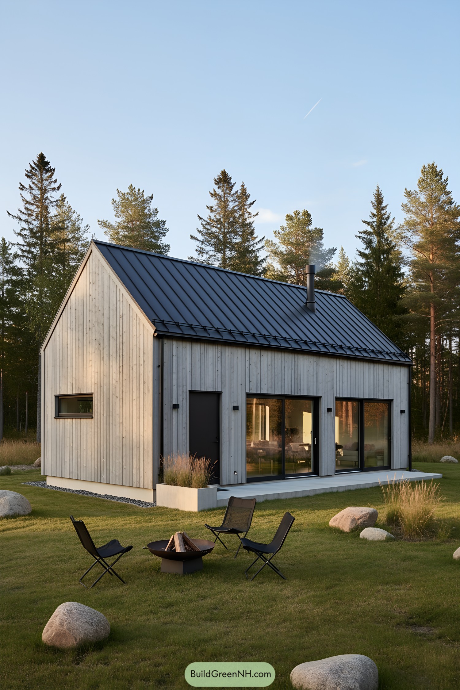 Modern barn house with pale timber cladding, black metal gable roof, and large sliding glass doors; minimalist yard with fire pit and folding chairs