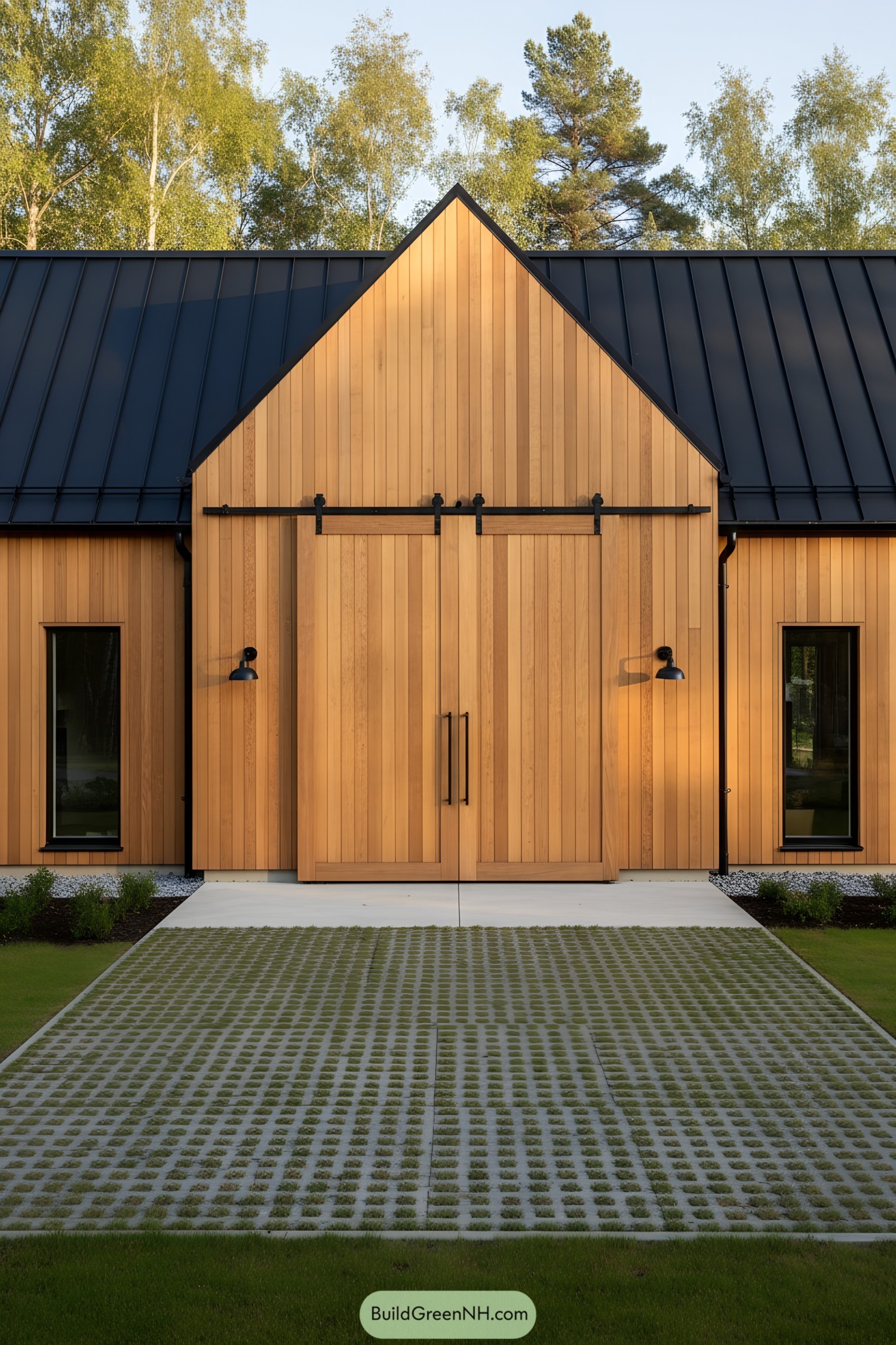 Cedar-clad gable facade with sliding barn doors