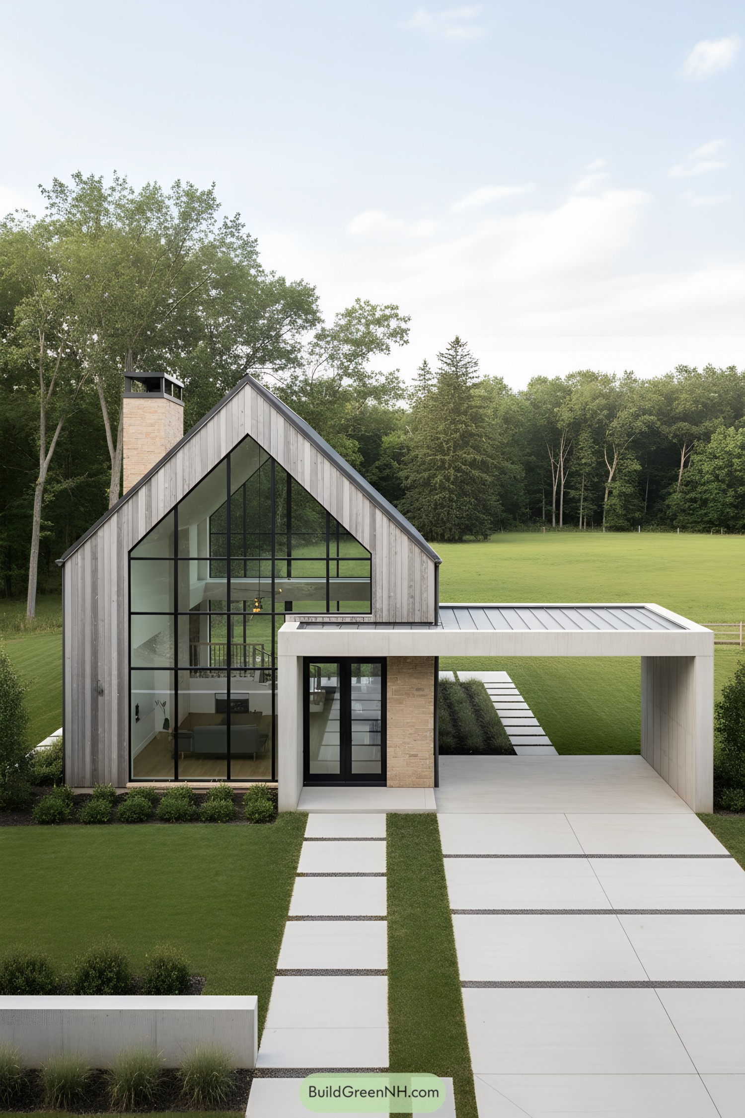 Modern barn house with glass gable, stone chimney, and covered carport