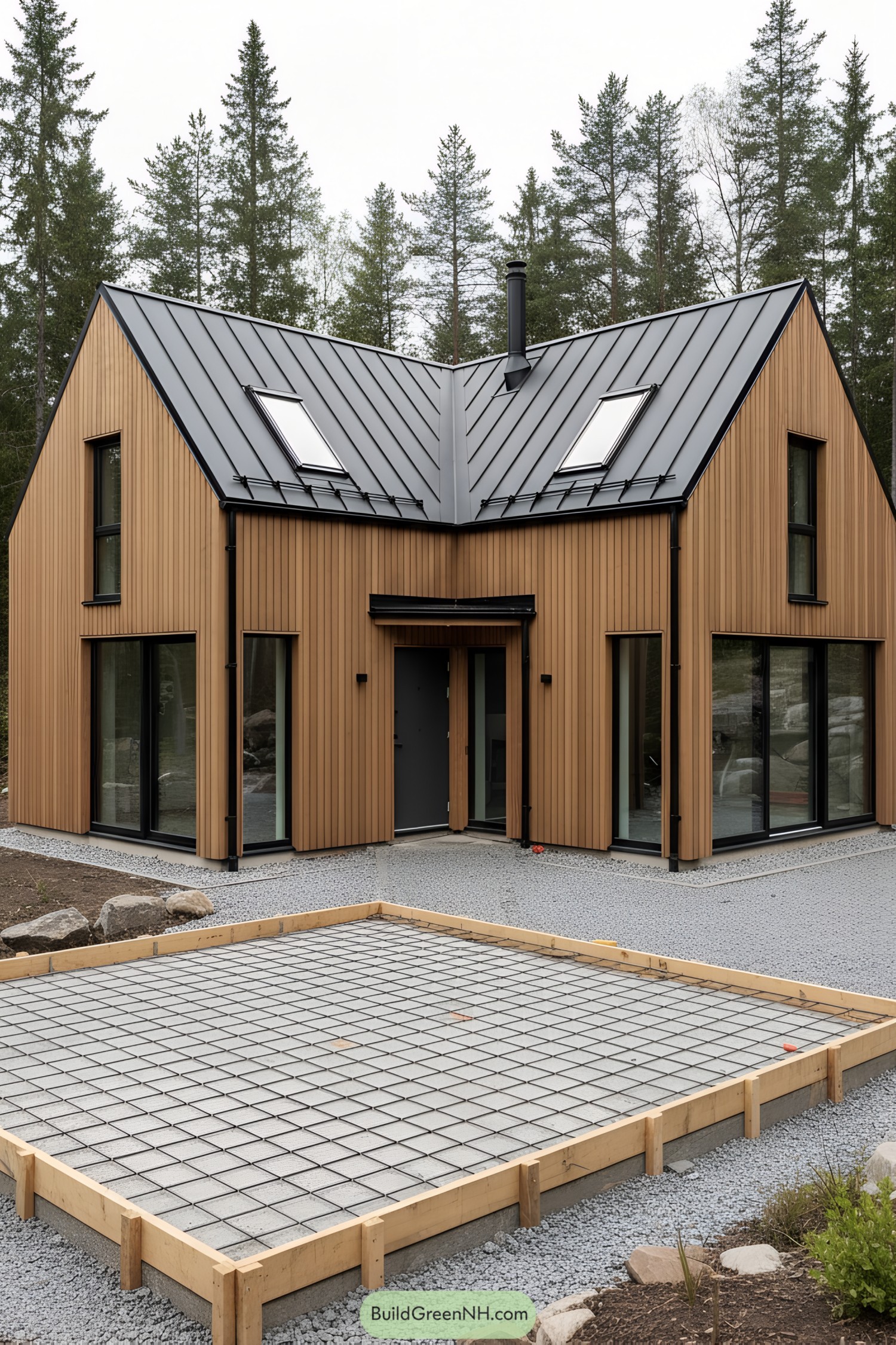 Modern timber-clad gabled house with dark metal roof and large windows among trees