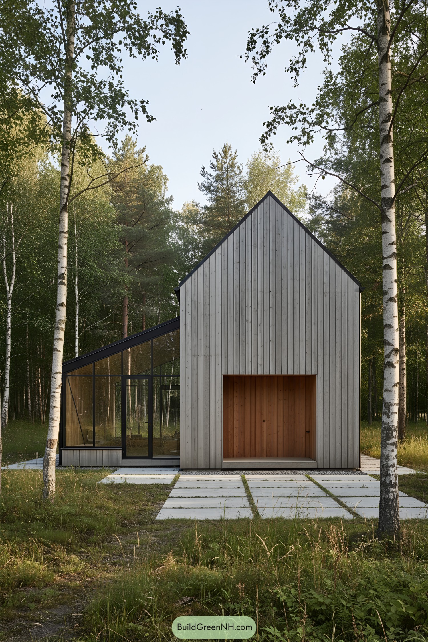Minimalist barn house with glass side annex