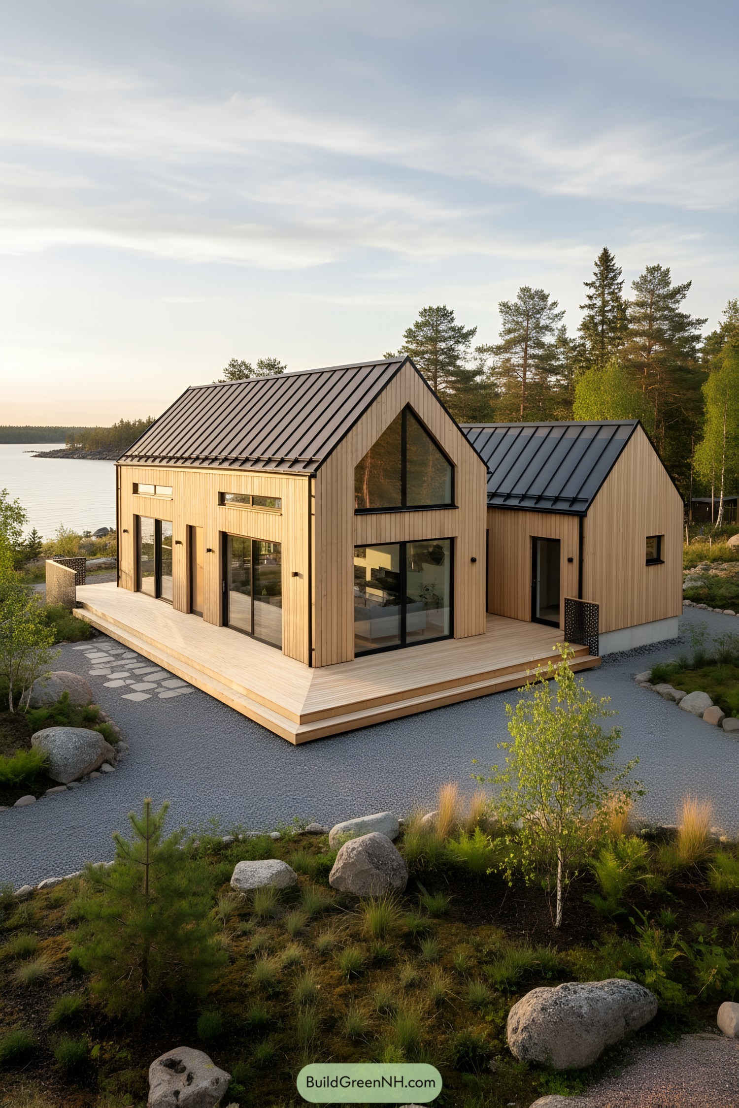 Modern nordic barn house with light timber cladding and black metal gable roofs beside a lakeshore