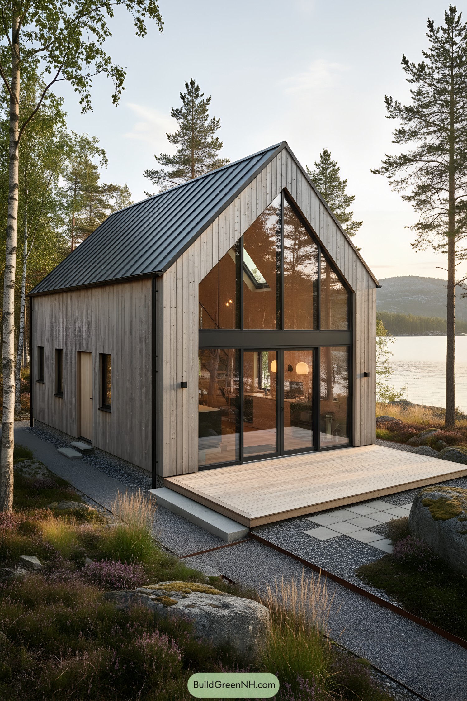 Nordic barn house with full-height glazed gable facing a lakeside deck