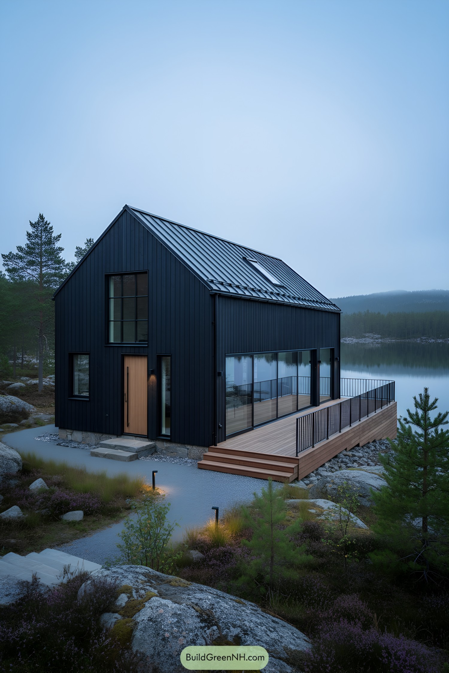 Black metal-clad barn house beside a lake with wraparound timber deck and large sliding glass doors