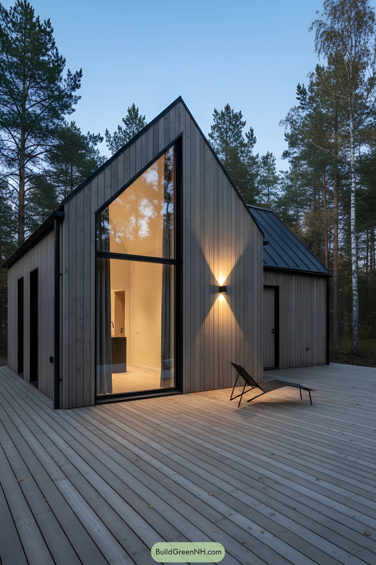 Modern gabled cabin with tall triangular window at dusk