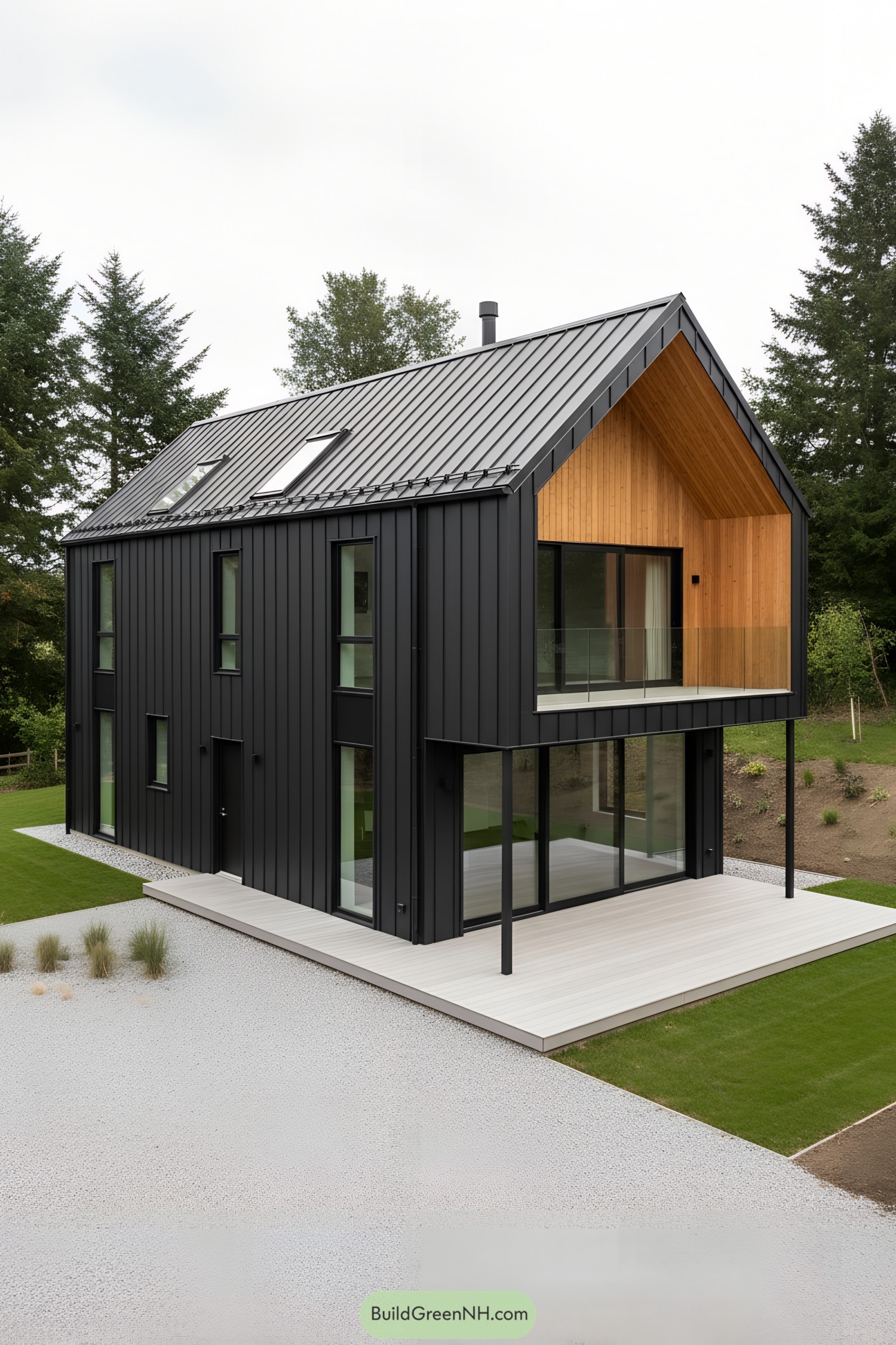 Black metal-clad barn house with inset cedar balcony and wraparound deck